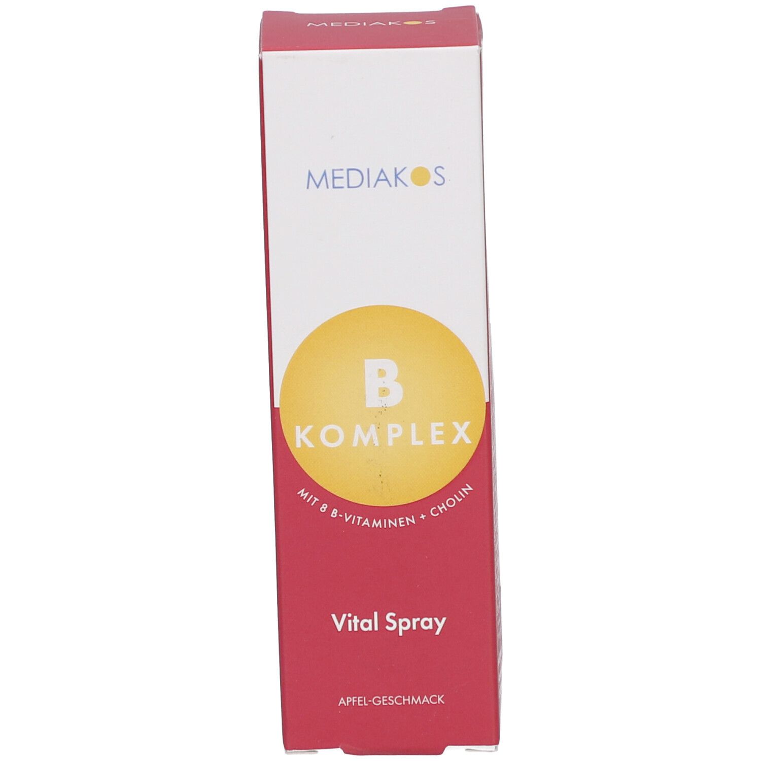 Rote Schachtel mit weißem Text: Mediakos, B Komplex, Vital Spray. Gelber Kreis. Apfel-Geschmack.