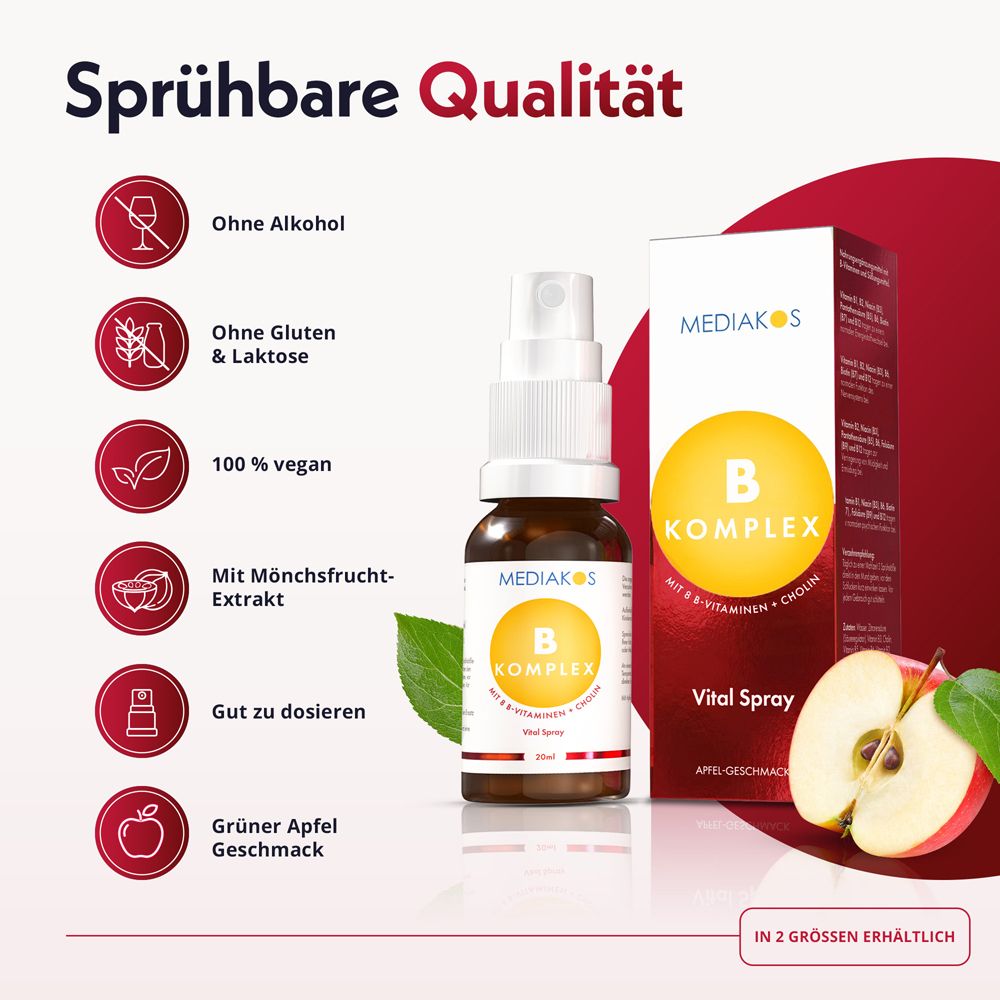 Mediakos Vitamin B Komplex Vital Spray: Ohne Alkohol, gut zu dosieren, fruchtiger Apfelgeschmack, ohne Tierversuche.