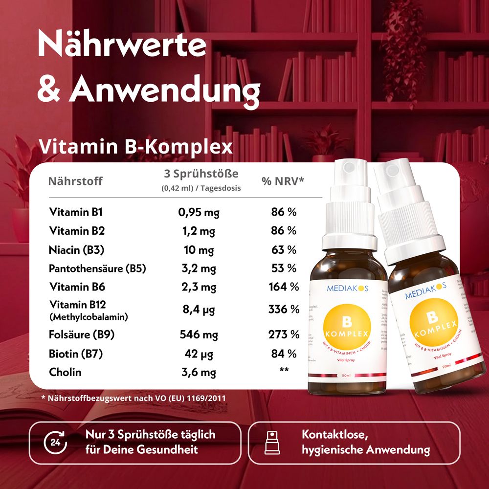 Mediakos Vitamin B Komplex Vital Spray Flasche und Karton, Bergsteiger im Hintergrund.