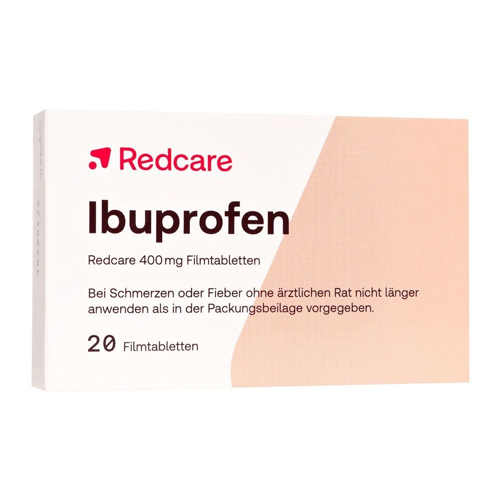 Redcare Ibuprofen 400 mg Filmtabletten, 20 Stück. Packungsrückseite mit Anwendungshinweisen.