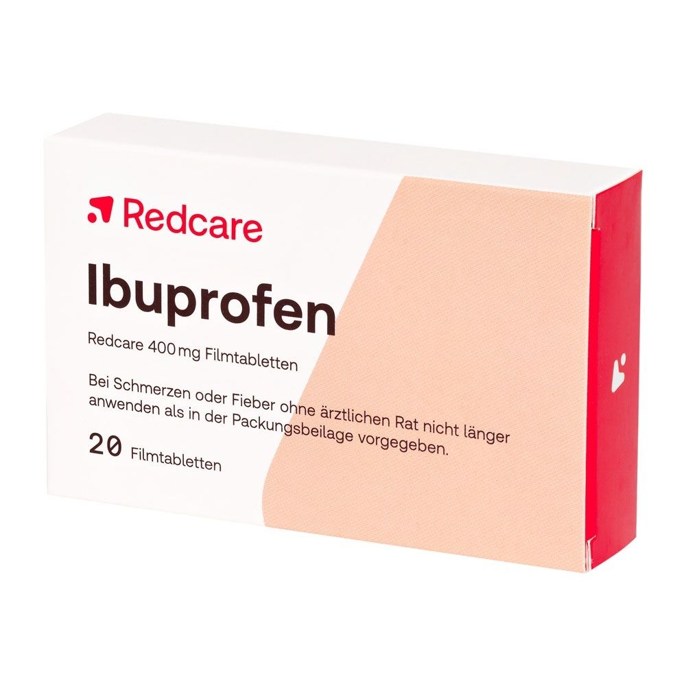 Redcare Ibuprofen 400 mg Filmtabletten, Packung mit 20 Stück. Seitenansicht.