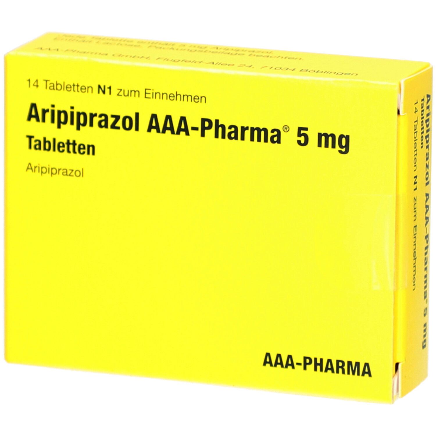 Gelbe Schachtel mit Aufschrift: Aripiprazol AAA-Pharma 5 mg Tabletten. 14 Tabletten. AAA-Pharma Logo.