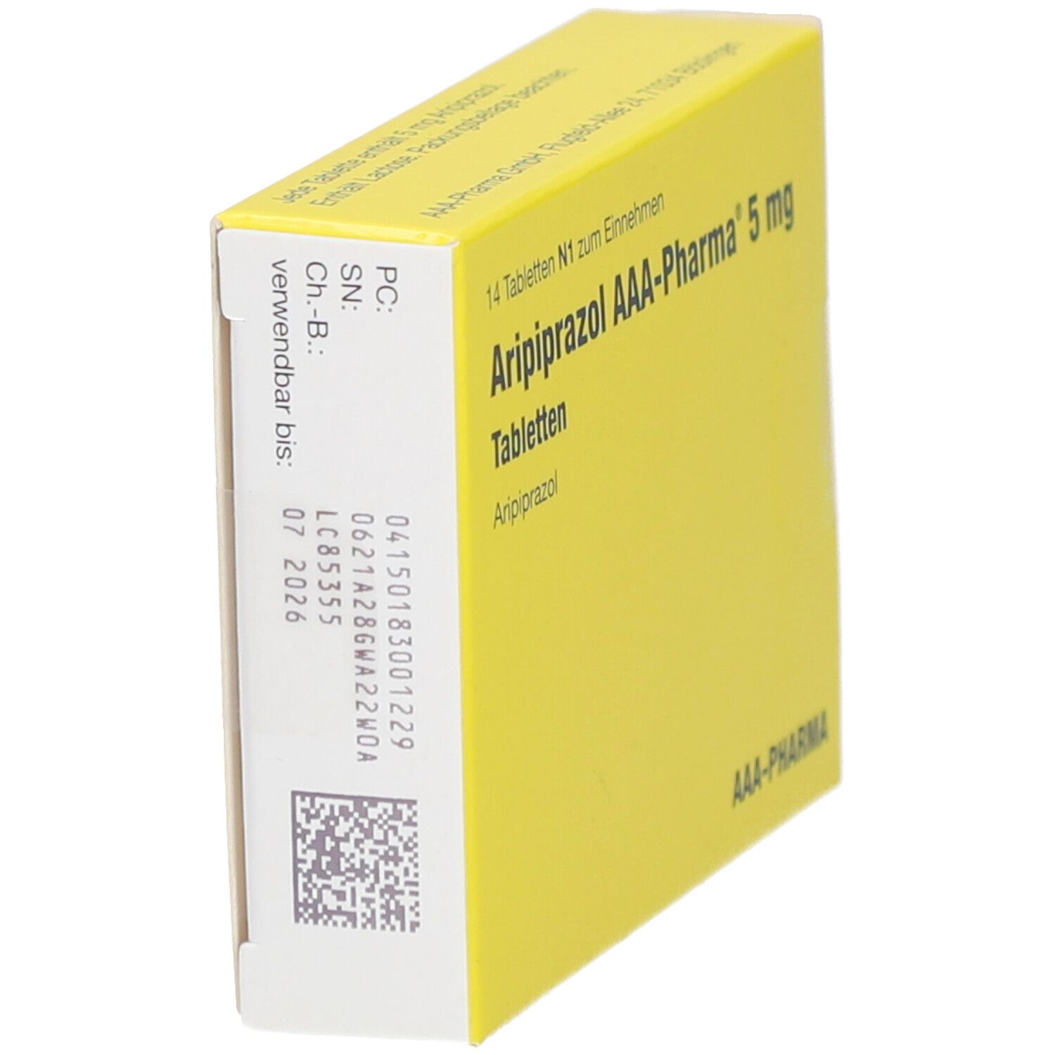 Gelbe Schachtel, Seitenansicht. Aufschrift: Aripiprazol AAA-Pharma 5 mg Tabletten. Barcode und Verfallsdatum.