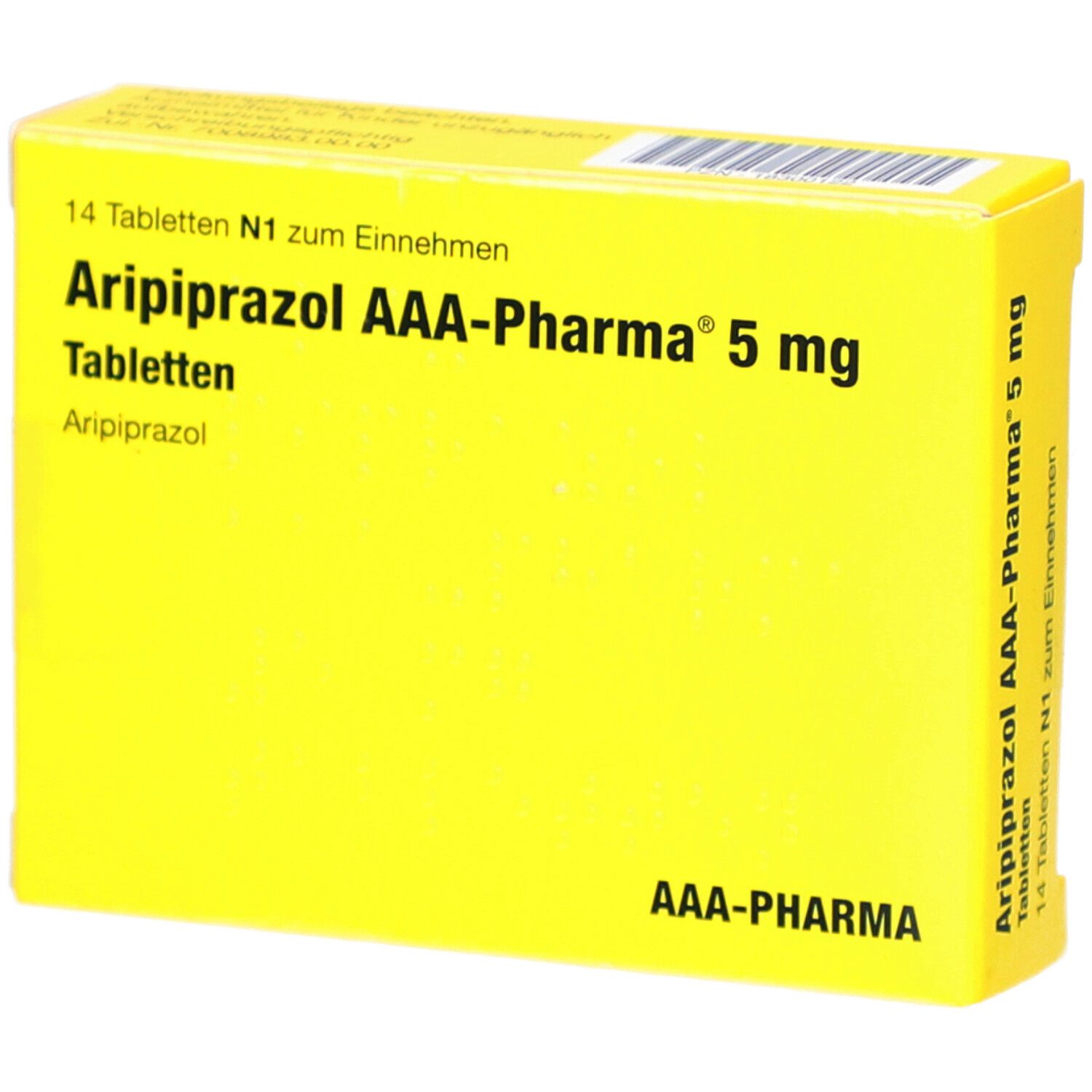 Gelbe Schachtel mit Aufschrift: Aripiprazol AAA-Pharma 5 mg Tabletten. 14 Tabletten. AAA-Pharma Logo.