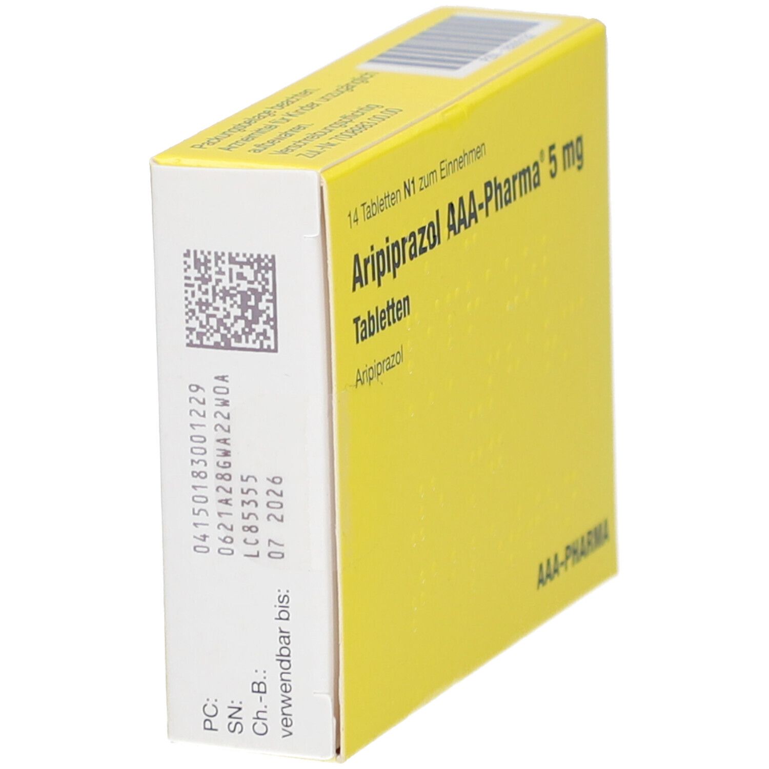 Gelbe Schachtel, Seitenansicht. Aufschrift: Aripiprazol AAA-Pharma 5 mg Tabletten. Barcode und Verfallsdatum.