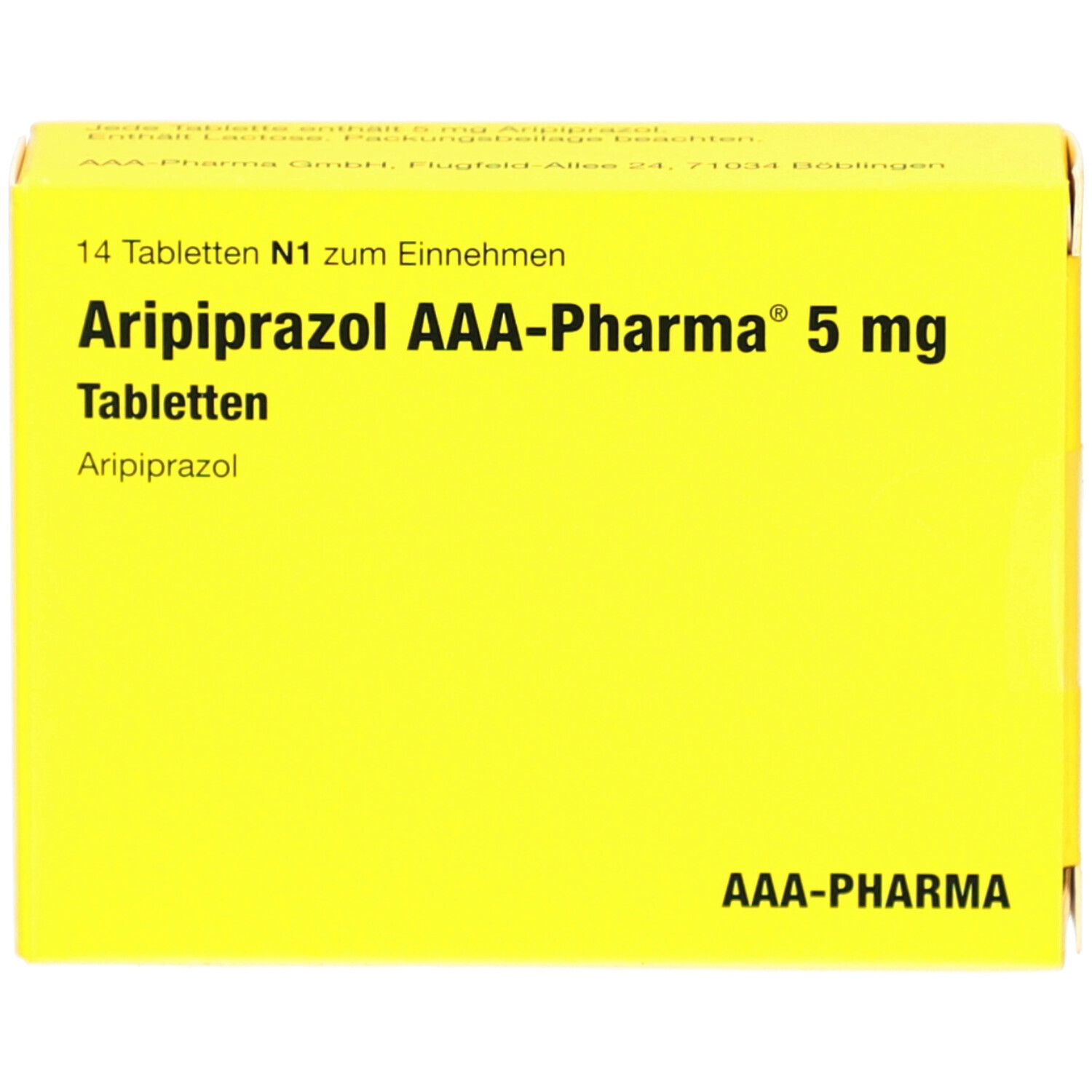 Gelbe Schachtel mit Aufschrift: Aripiprazol AAA-Pharma 5 mg Tabletten. 14 Tabletten. AAA-Pharma Logo.
