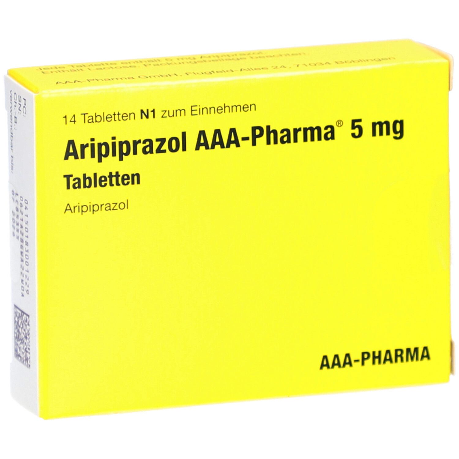 Gelbe Schachtel mit Aufschrift: Aripiprazol AAA-Pharma 5 mg Tabletten. 14 Tabletten. AAA-Pharma Logo.