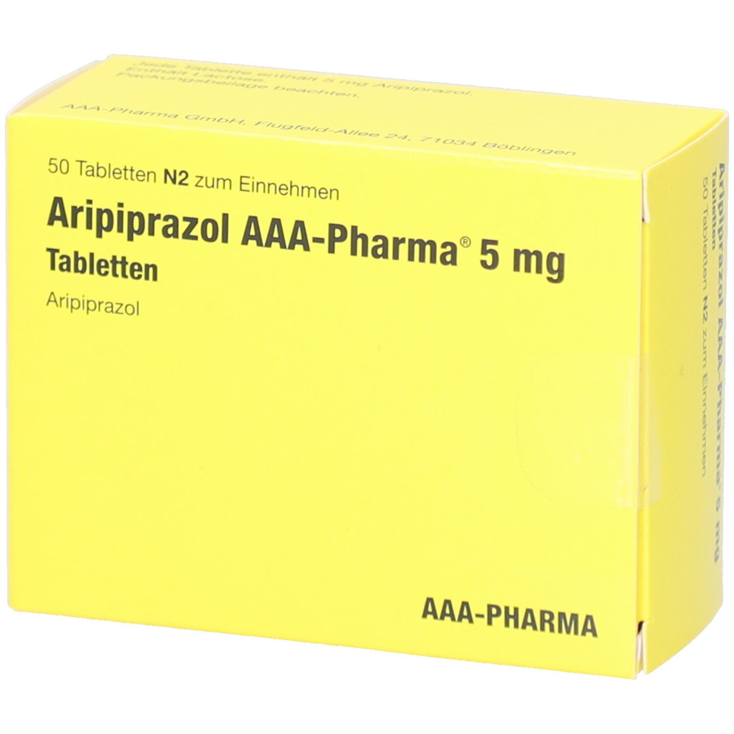 Gelbe Schachtel mit "Aripiprazol AAA-Pharma 5 mg Tabletten". 50 Tabletten. AAA-Pharma Logo.