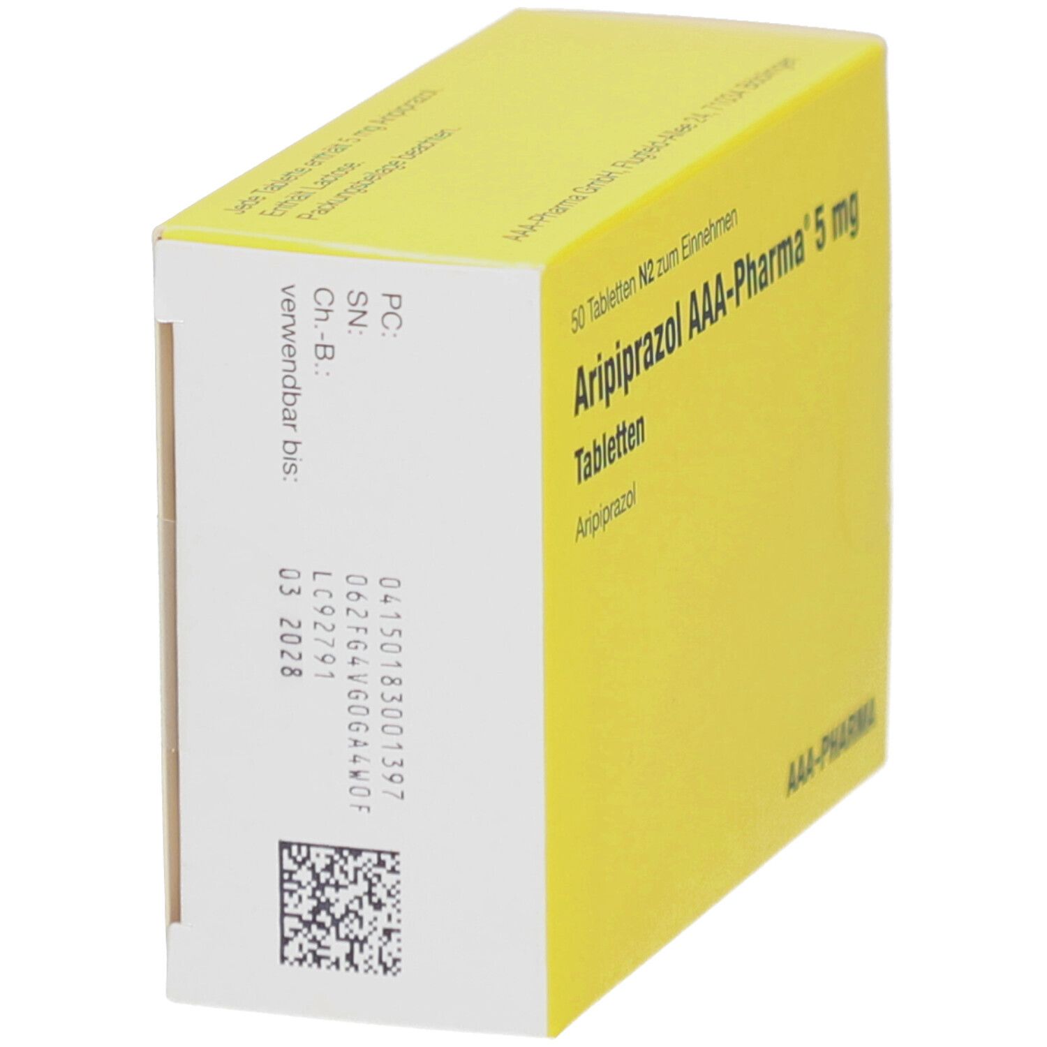 Gelbe Schachtel, Seitenansicht. Text: "Aripiprazol AAA-Pharma 5 mg". Chargennummer, Verfallsdatum 03 2028.