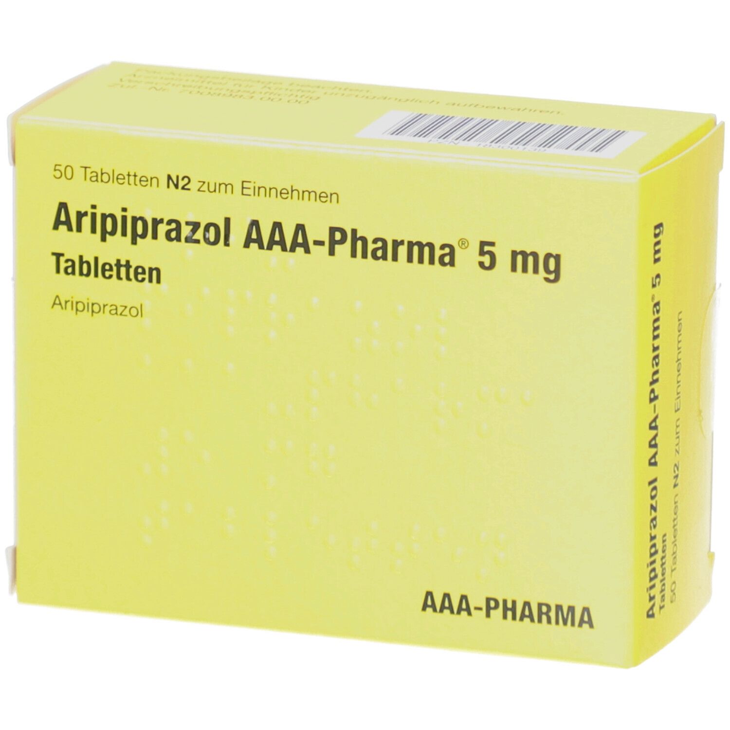 Gelbe Schachtel mit "Aripiprazol AAA-Pharma 5 mg Tabletten". 50 Tabletten. AAA-Pharma Logo.