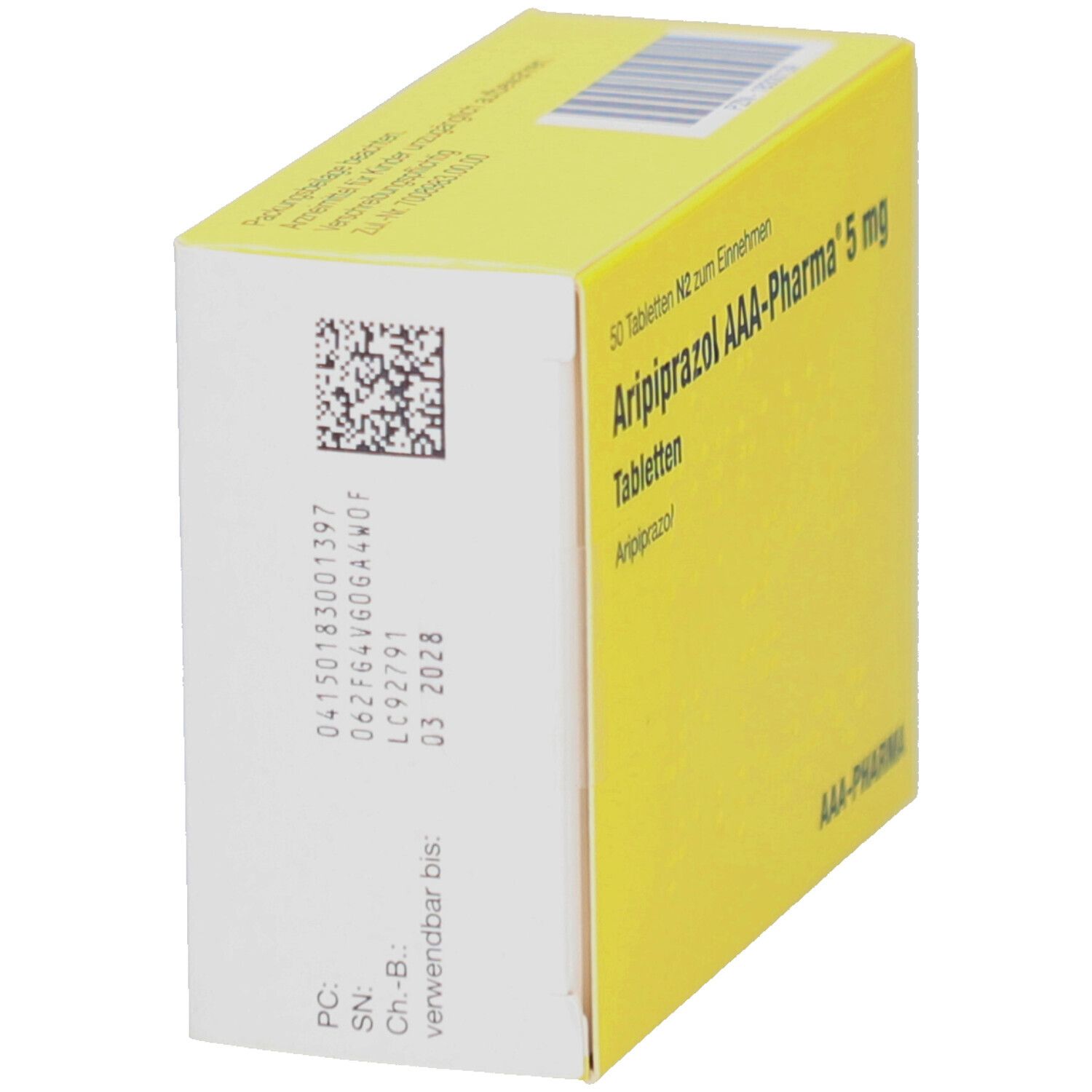 Gelbe Schachtel, Seitenansicht. Text: "Aripiprazol AAA-Pharma 5 mg". Chargennummer, Verfallsdatum 03 2028.