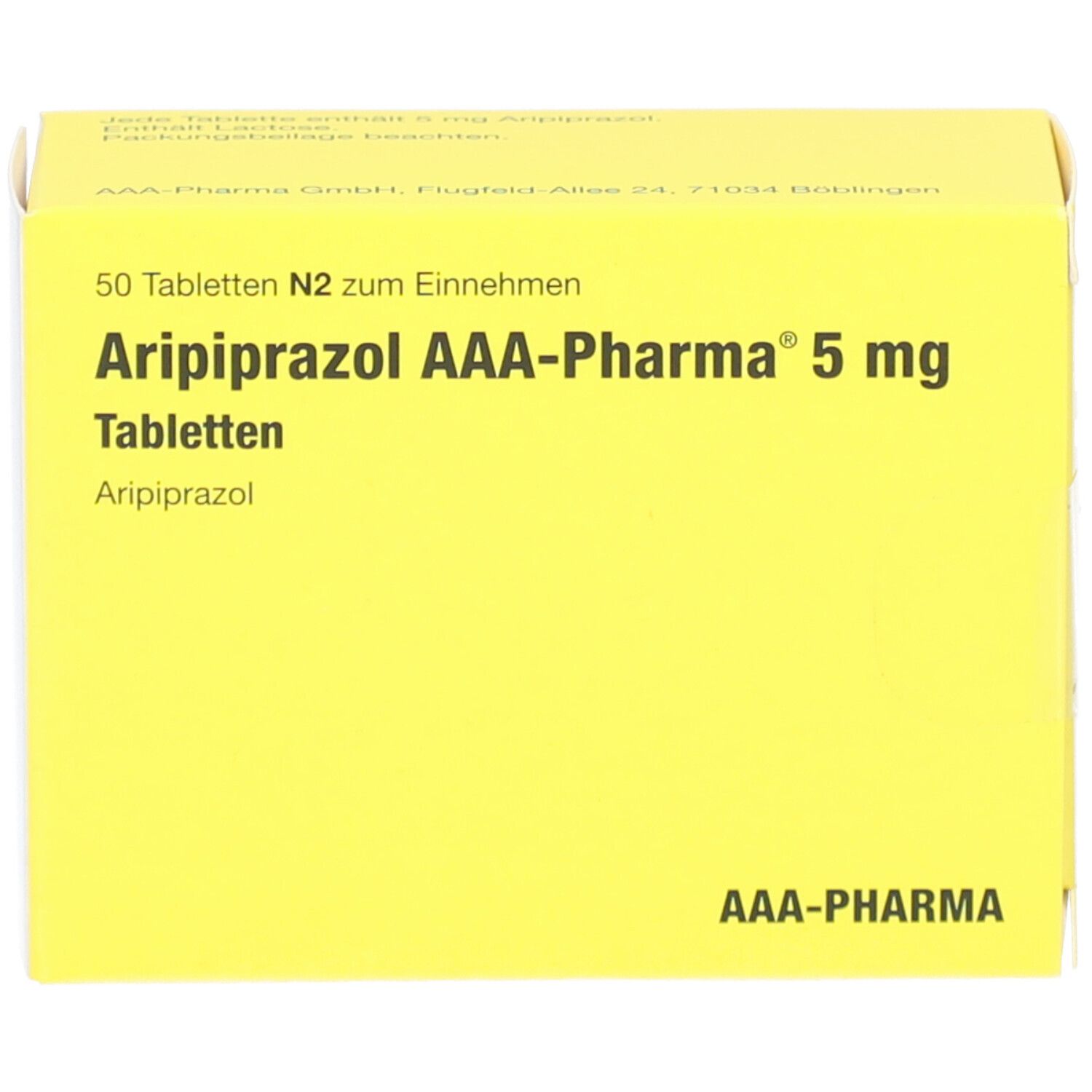 Gelbe Schachtel mit "Aripiprazol AAA-Pharma 5 mg Tabletten". 50 Tabletten. AAA-Pharma Logo.