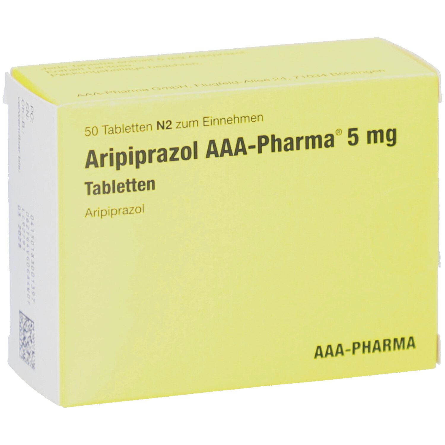 Gelbe Schachtel mit "Aripiprazol AAA-Pharma 5 mg Tabletten". 50 Tabletten. AAA-Pharma Logo.