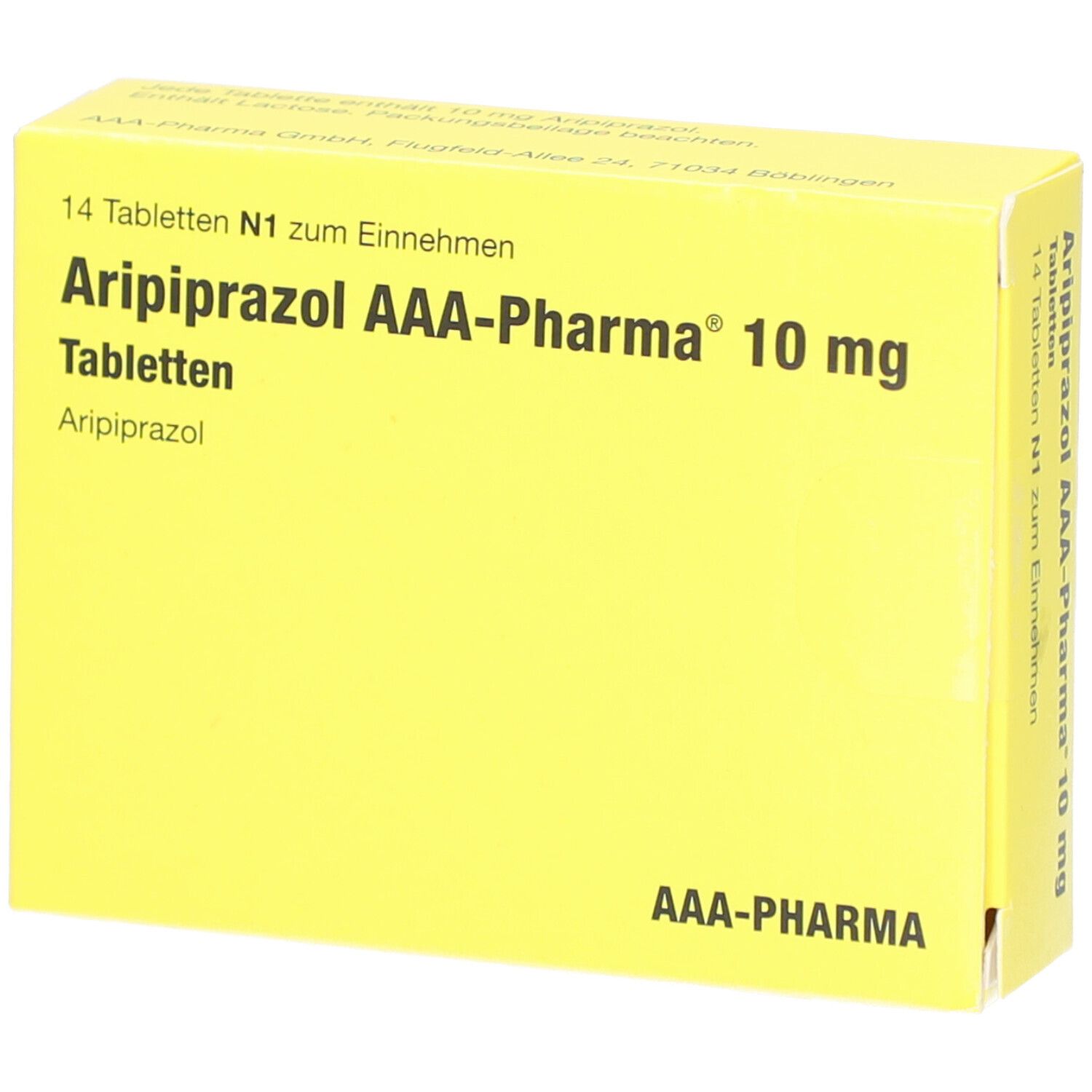Gelbe Schachtel mit Aufschrift 'Aripiprazol AAA-Pharma 10 mg Tabletten'. 14 Tabletten. AAA-Pharma Logo.