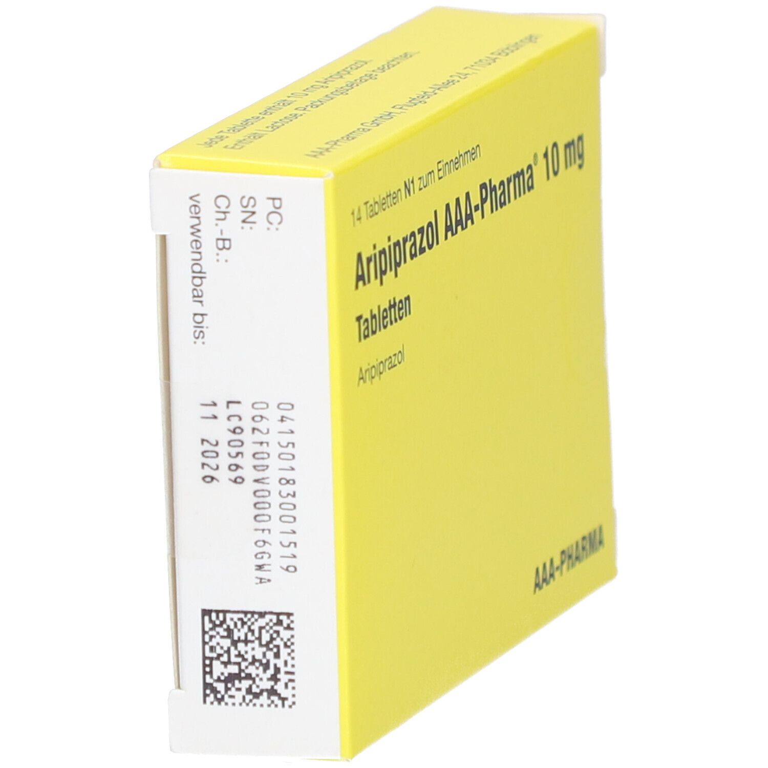 Gelbe Schachtel, Seitenansicht. Aufschrift 'Aripiprazol AAA-Pharma 10 mg Tabletten'. QR-Code und Verfallsdatum.