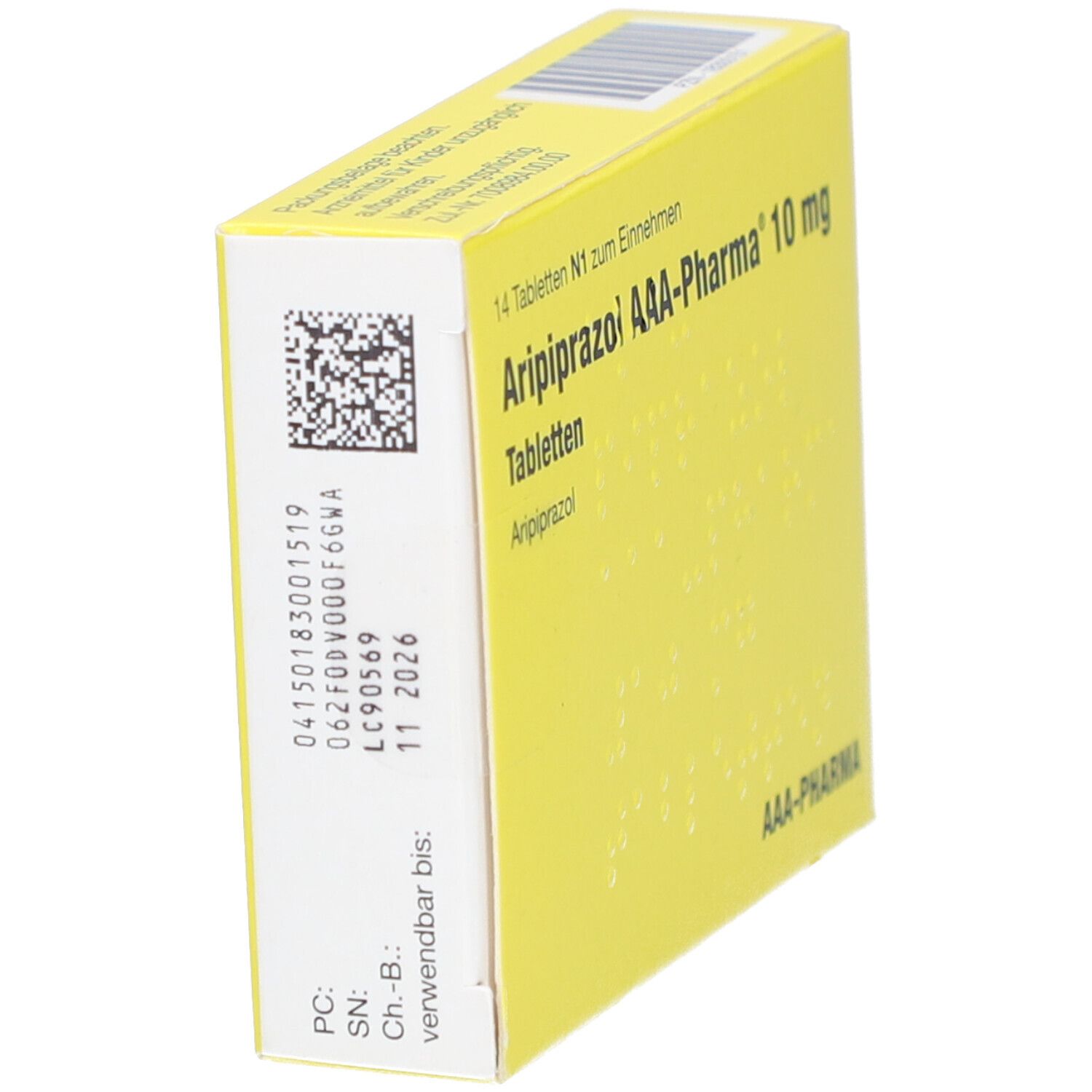 Gelbe Schachtel, Seitenansicht. 'Aripiprazol AAA-Pharma 10 mg Tabletten'. QR-Code und Verfallsdatum.