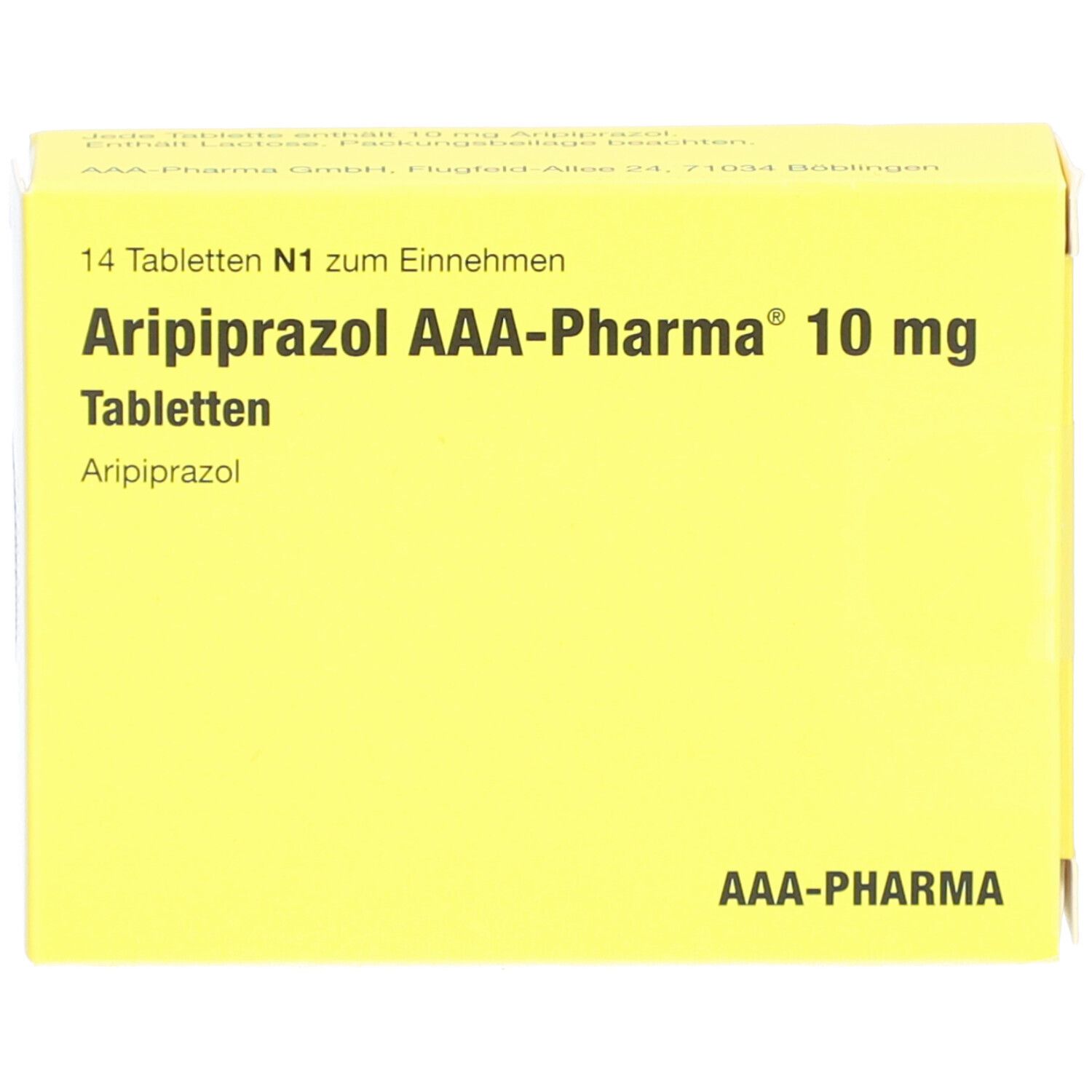 Gelbe Schachtel mit 'Aripiprazol AAA-Pharma 10 mg Tabletten'. 14 Tabletten. AAA-Pharma Logo.