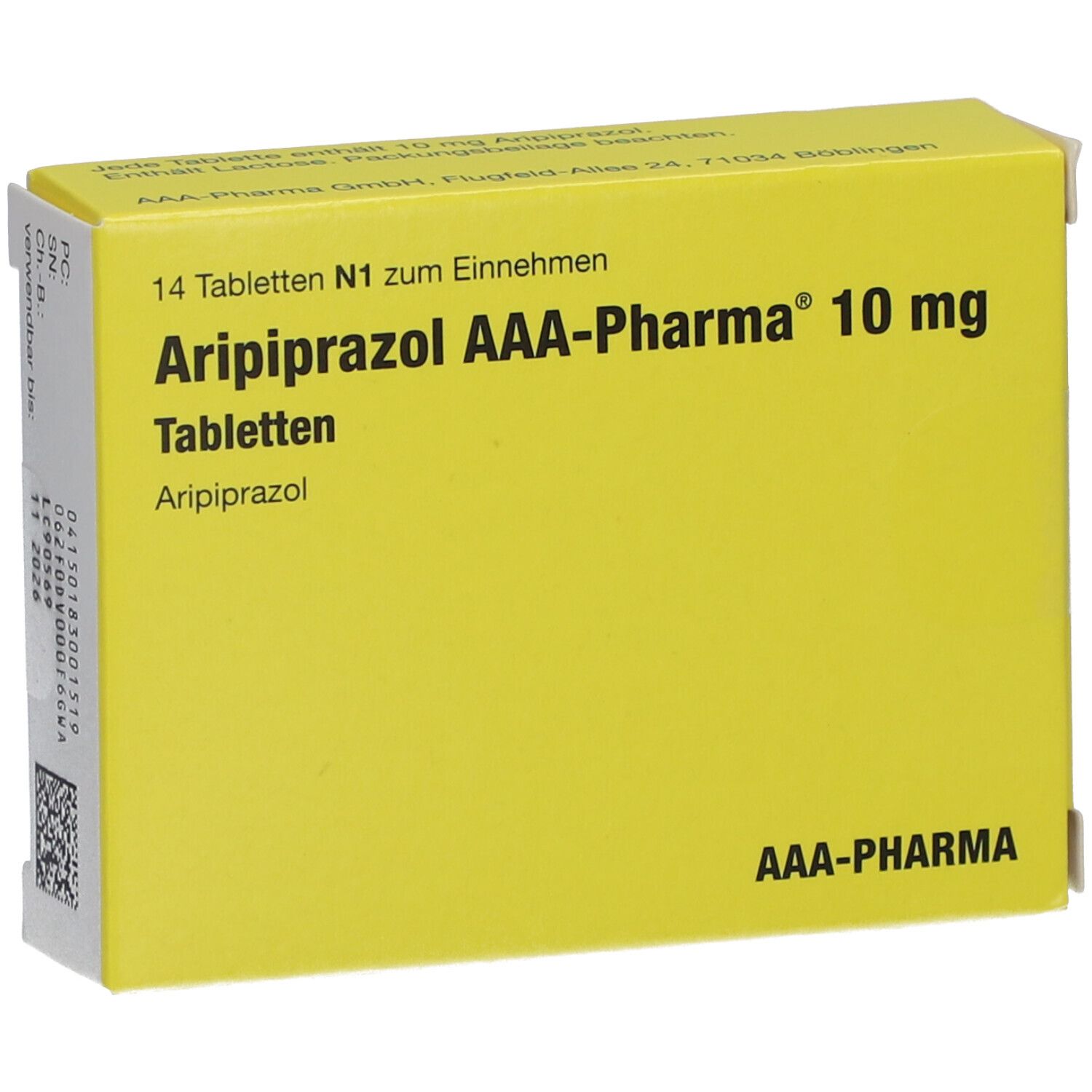 Gelbe Schachtel mit 'Aripiprazol AAA-Pharma 10 mg Tabletten'. 14 Tabletten. AAA-Pharma Logo.