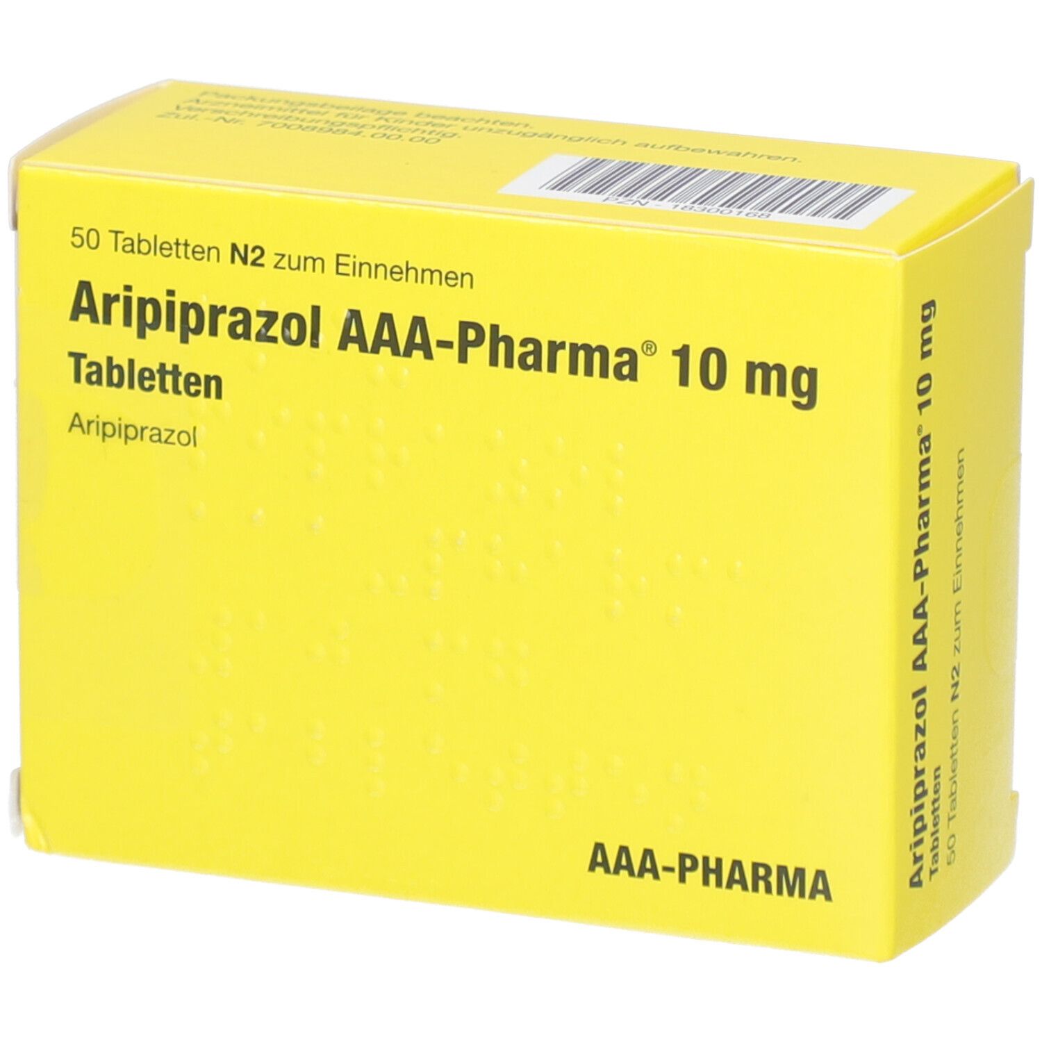 Gelbe Schachtel mit Aufschrift 'Aripiprazol AAA-Pharma 10 mg Tabletten'. 50 Tabletten. AAA-Pharma Logo.