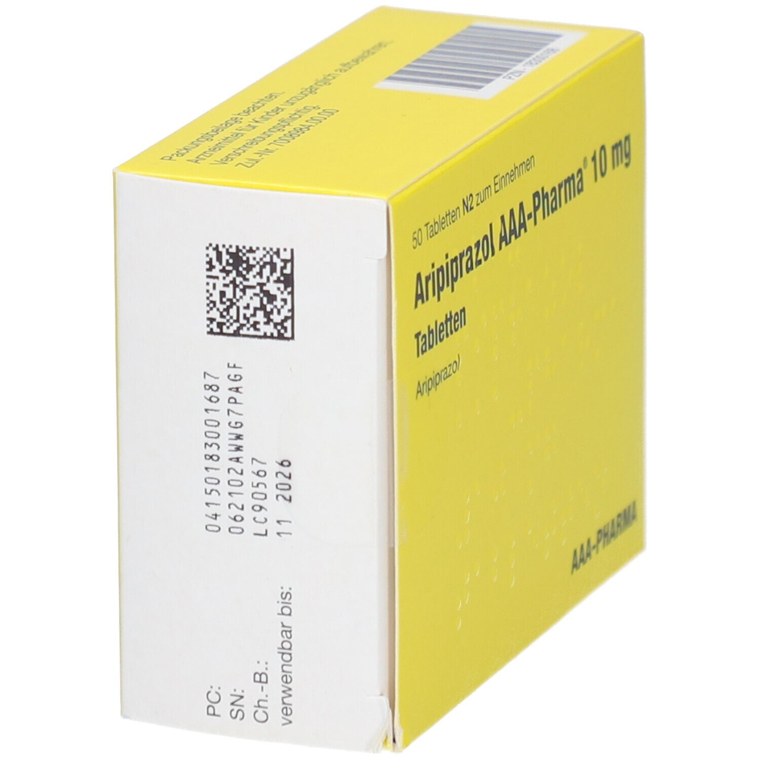 Gelbe Schachtel, Seitenansicht. Barcode und Chargennummer. Verfallsdatum: 11 2026. 'Aripiprazol AAA-Pharma 10 mg'.