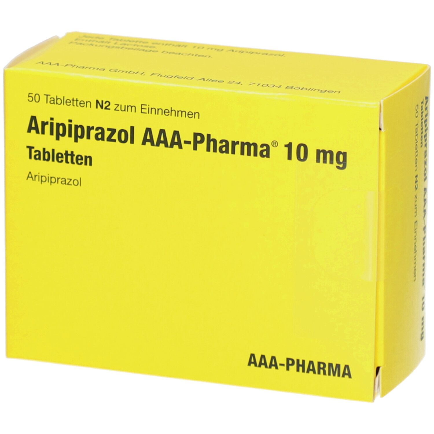 Gelbe Schachtel mit 'Aripiprazol AAA-Pharma 10 mg Tabletten'. 50 Tabletten. AAA-Pharma Logo.