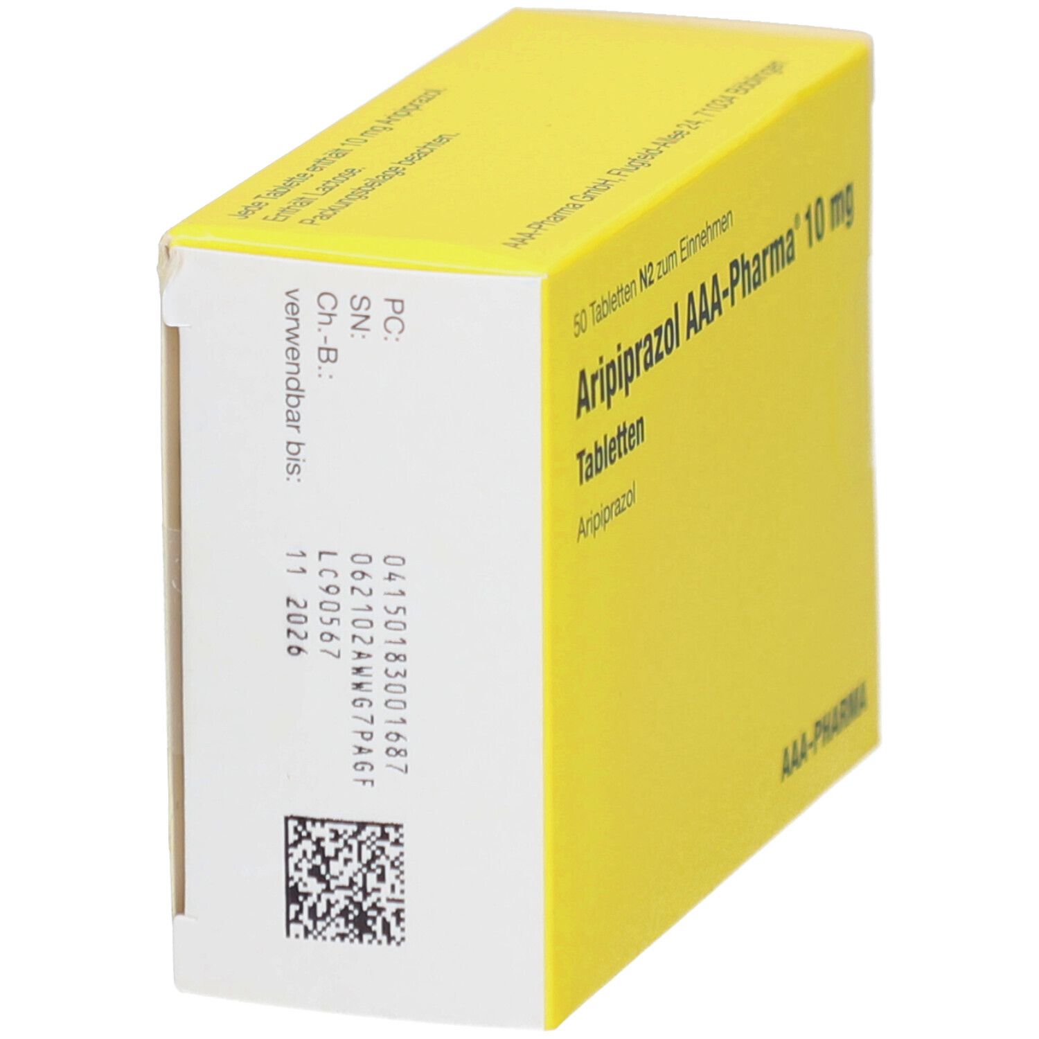 Gelbe Schachtel, Seitenansicht. Barcode, Chargennummer und Verfallsdatum: 11 2026. 'Aripiprazol AAA-Pharma 10 mg'.