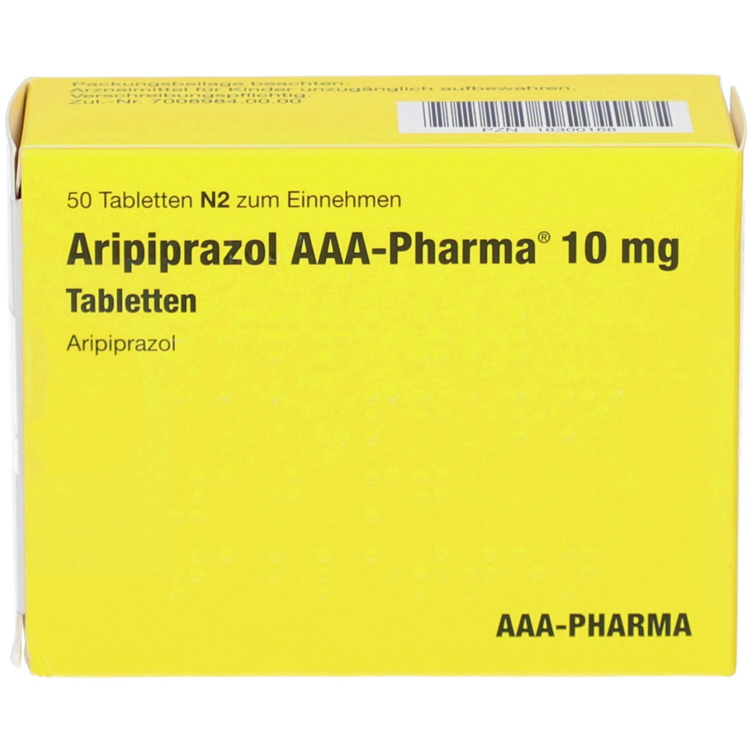 Gelbe Schachtel mit 'Aripiprazol AAA-Pharma 10 mg Tabletten'. 50 Tabletten. AAA-Pharma Logo.