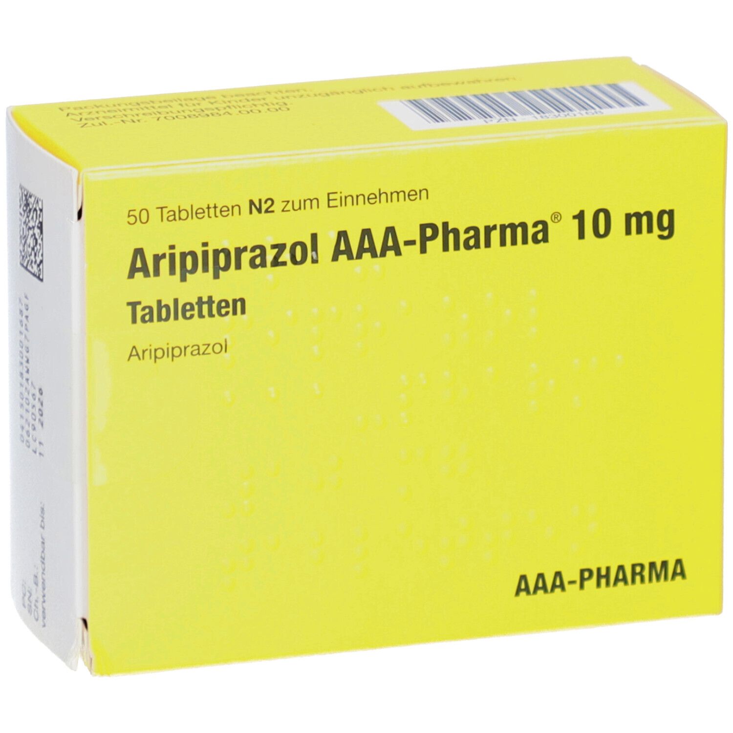 Gelbe Schachtel mit 'Aripiprazol AAA-Pharma 10 mg Tabletten'. 50 Tabletten. AAA-Pharma Logo.