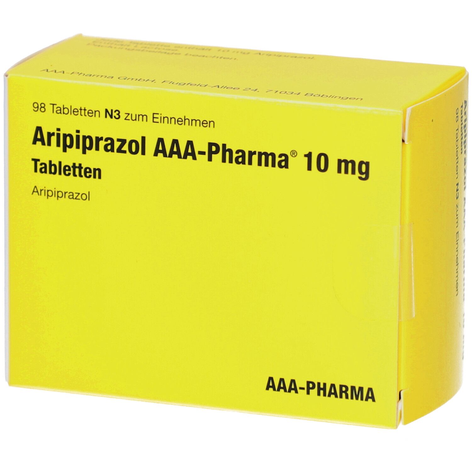 Gelbe Schachtel mit Aufschrift 'Aripiprazol AAA-Pharma 10 mg Tabletten'. Enthält 98 Tabletten. AAA-Pharma Logo unten.