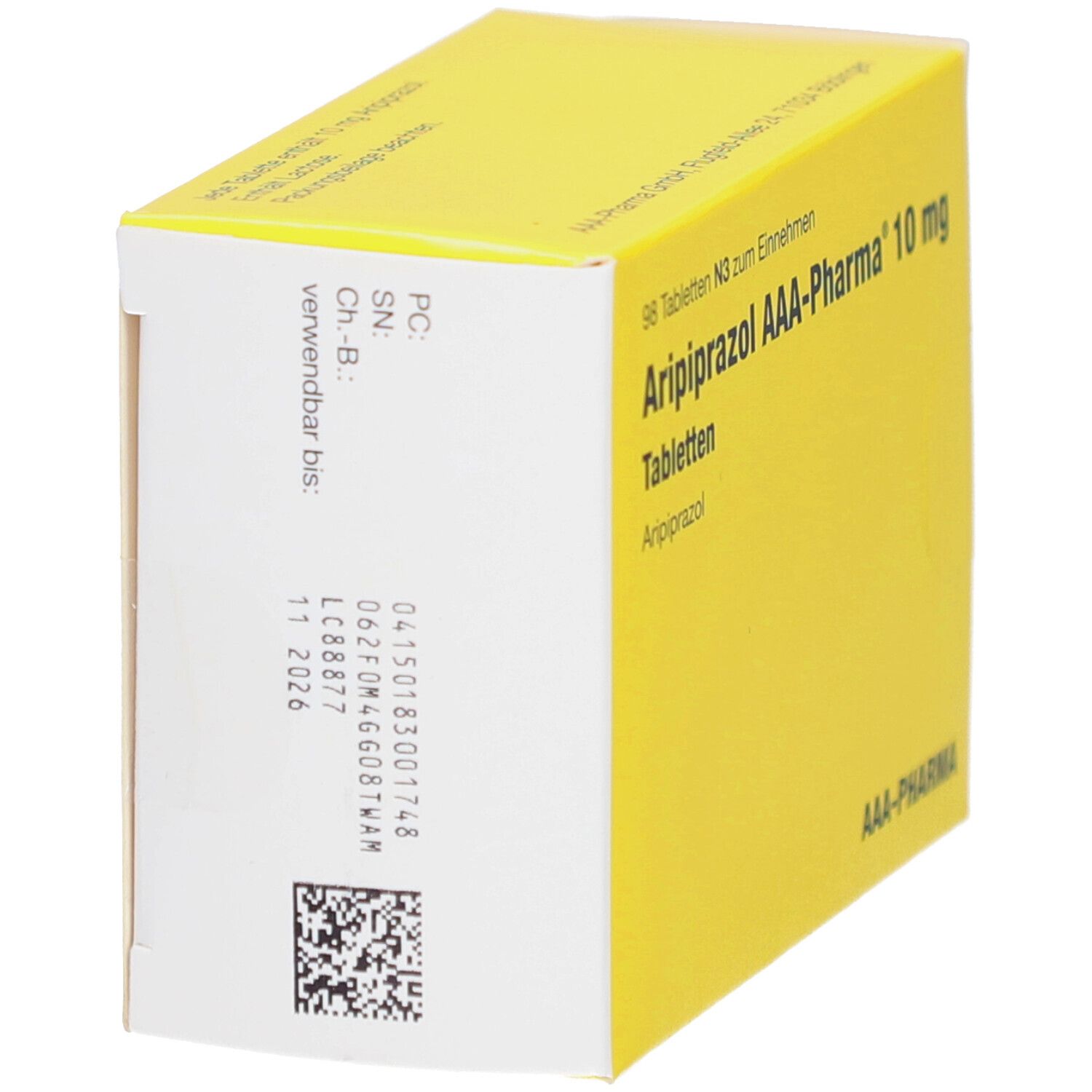 Gelbe Tablettenschachtel. Seitenansicht mit Barcode, Chargennummer und Verfallsdatum '11 2026'.