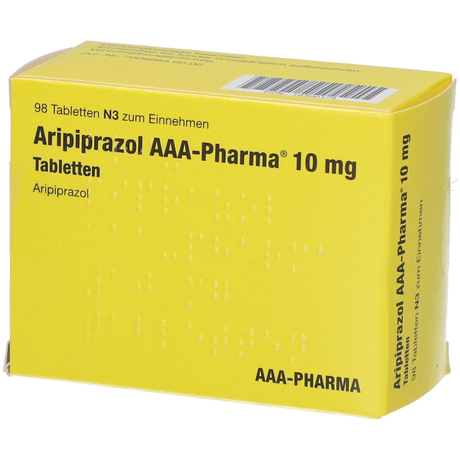 Gelbe Schachtel mit 'Aripiprazol AAA-Pharma 10 mg Tabletten'. Enthält 98 Tabletten. AAA-Pharma Logo.