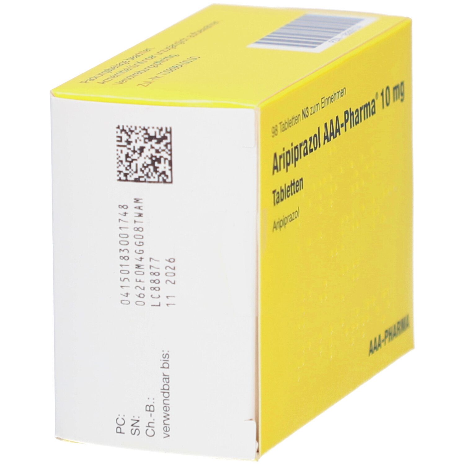 Gelbe Tablettenschachtel. Seitenansicht mit Barcode, Chargennummer und Verfallsdatum '11 2026'.