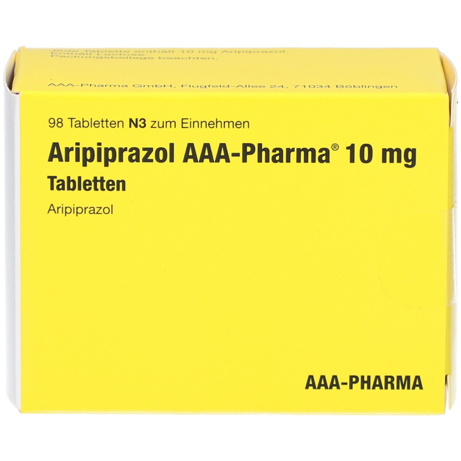 Gelbe Schachtel mit 'Aripiprazol AAA-Pharma 10 mg Tabletten'. Enthält 98 Tabletten. AAA-Pharma Logo.