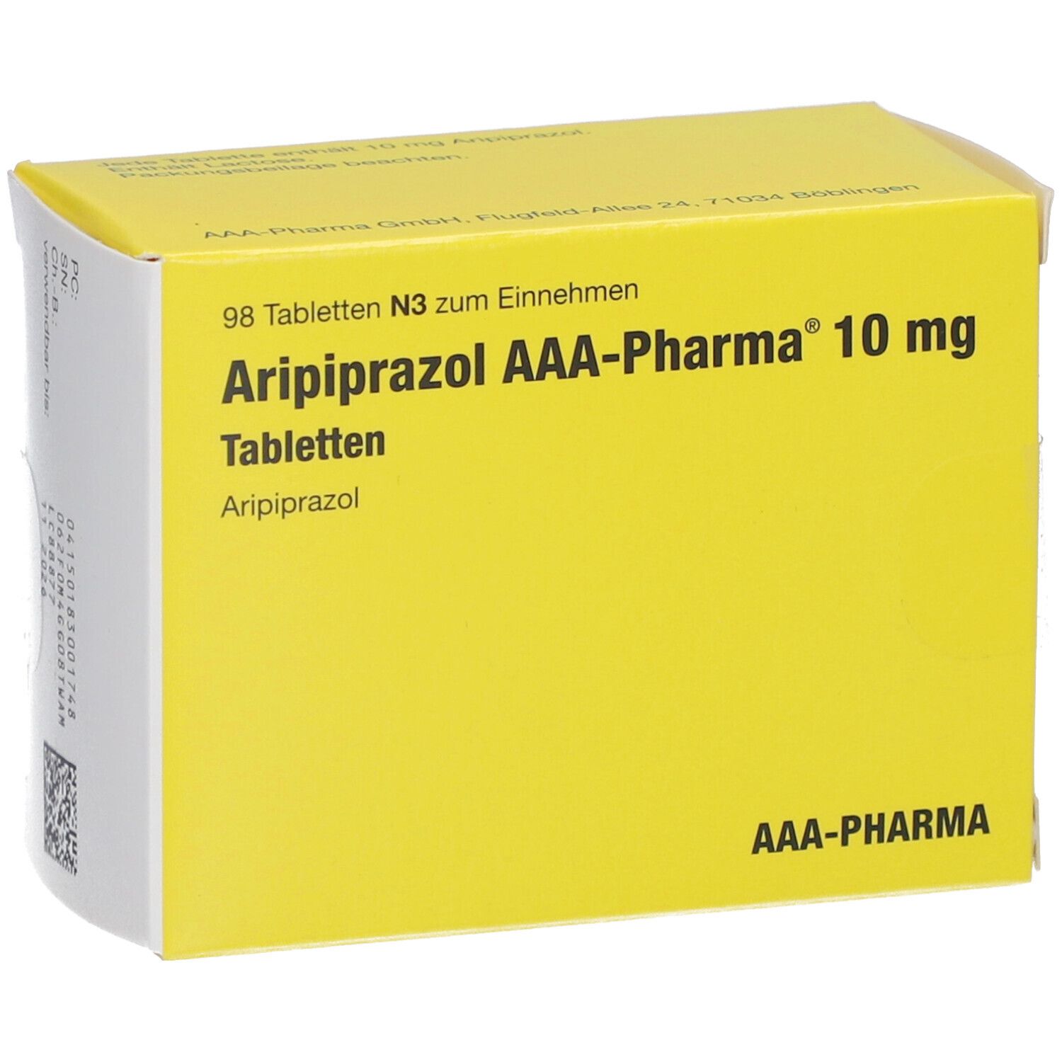 Gelbe Schachtel mit 'Aripiprazol AAA-Pharma 10 mg Tabletten'. Enthält 98 Tabletten. AAA-Pharma Logo.