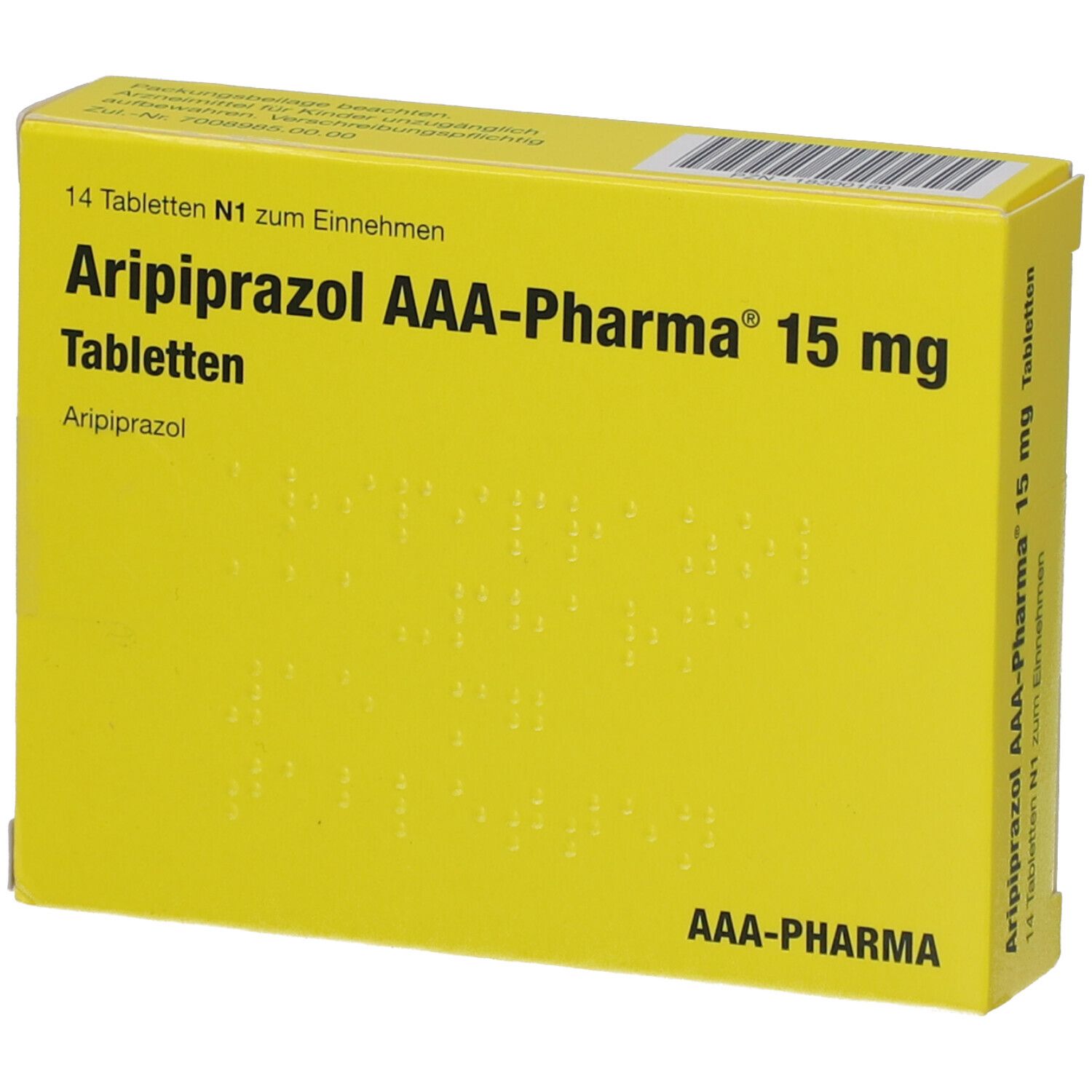 Gelbe Schachtel mit Aufschrift 'Aripiprazol AAA-Pharma 15 mg Tabletten'. 14 Tabletten. AAA-Pharma Logo.