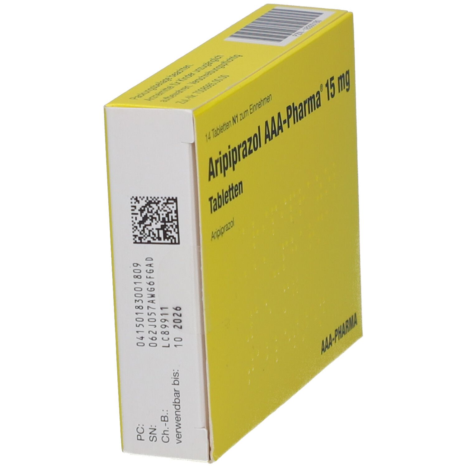 Gelbe Schachtel, Seitenansicht. 'Aripiprazol AAA-Pharma 15 mg Tabletten'. Barcode und Verfallsdatum 10 2026.