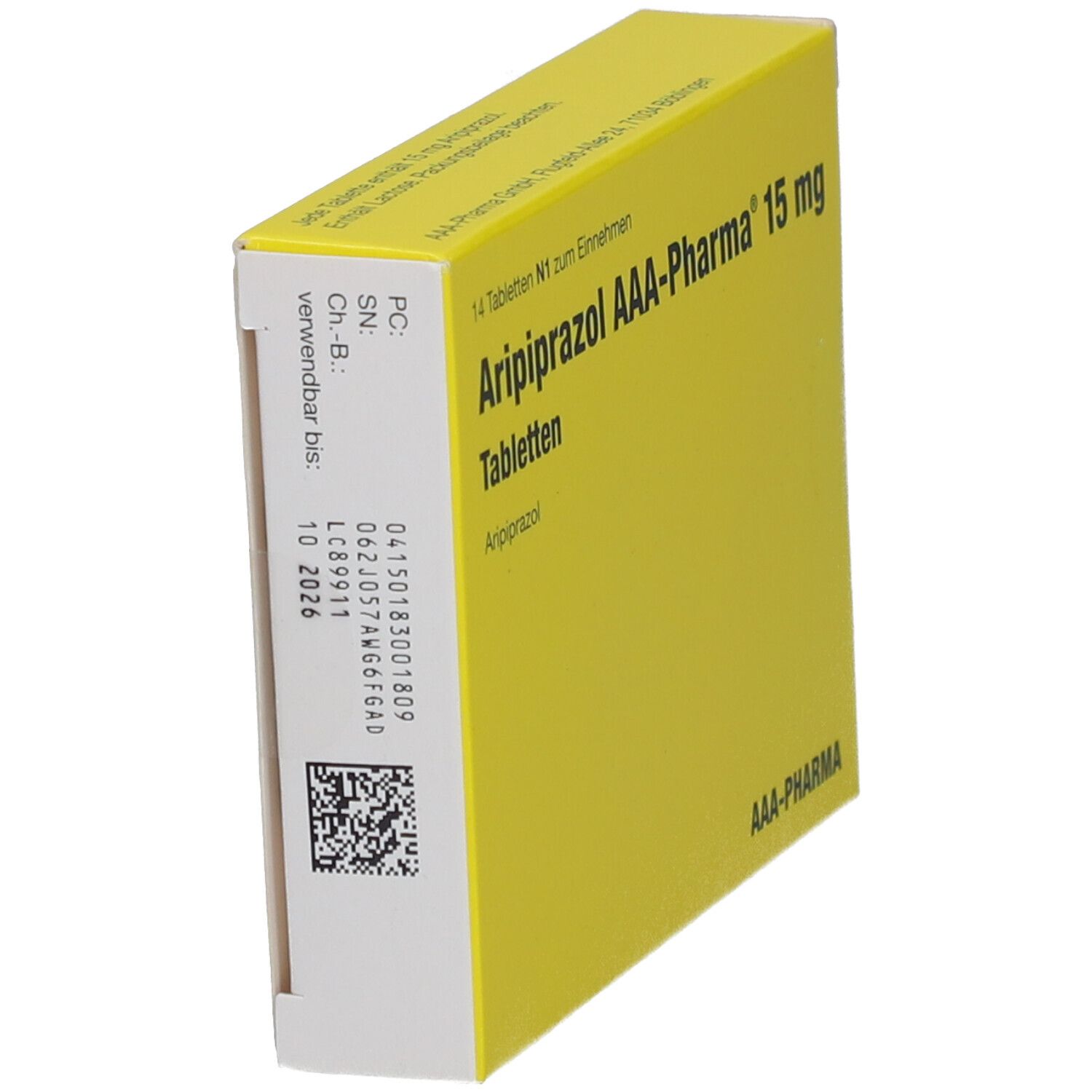 Gelbe Schachtel, Seitenansicht. 'Aripiprazol AAA-Pharma 15 mg Tabletten'. Barcode und Verfallsdatum 10 2026.