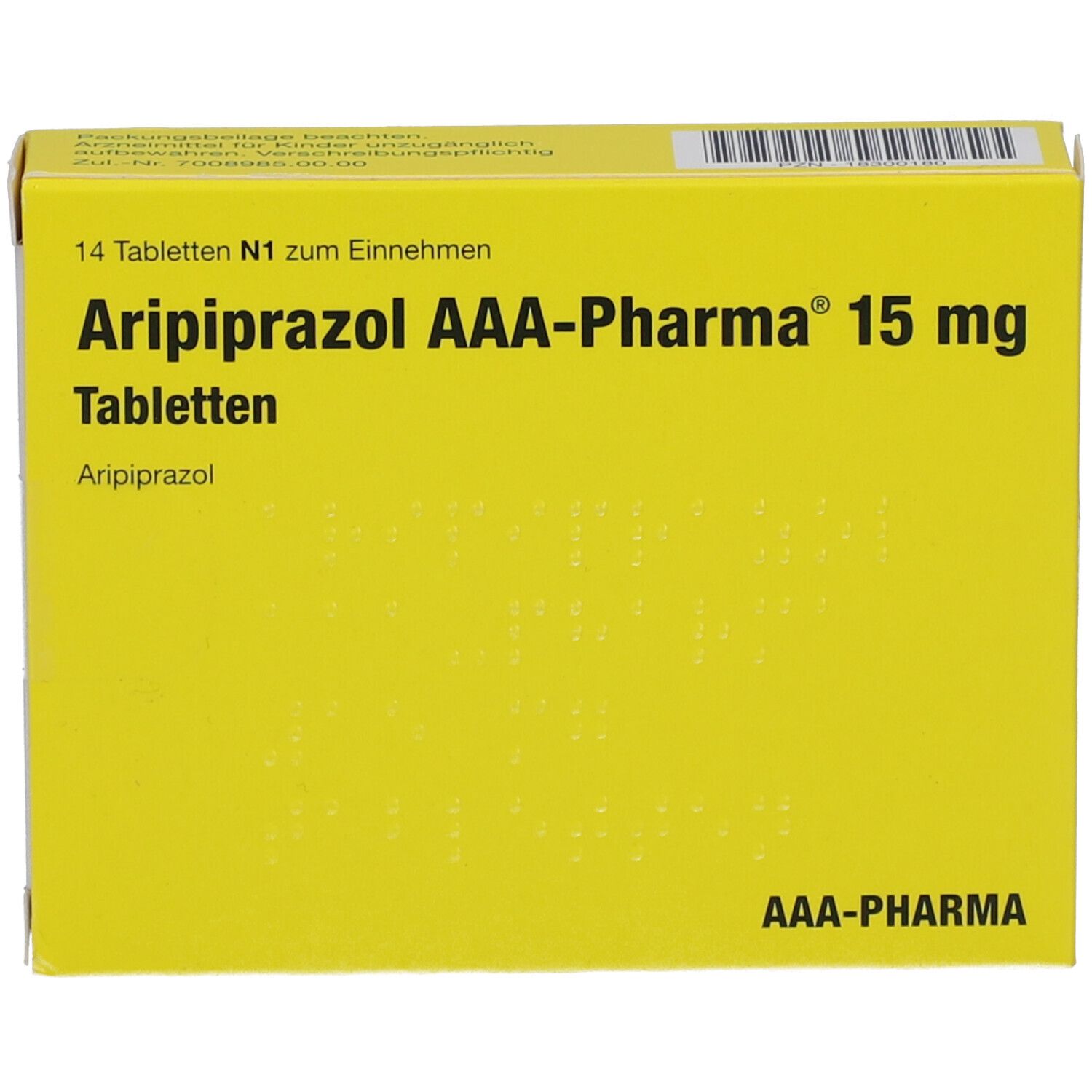 Gelbe Schachtel mit 'Aripiprazol AAA-Pharma 15 mg Tabletten'. 14 Tabletten. AAA-Pharma Logo.