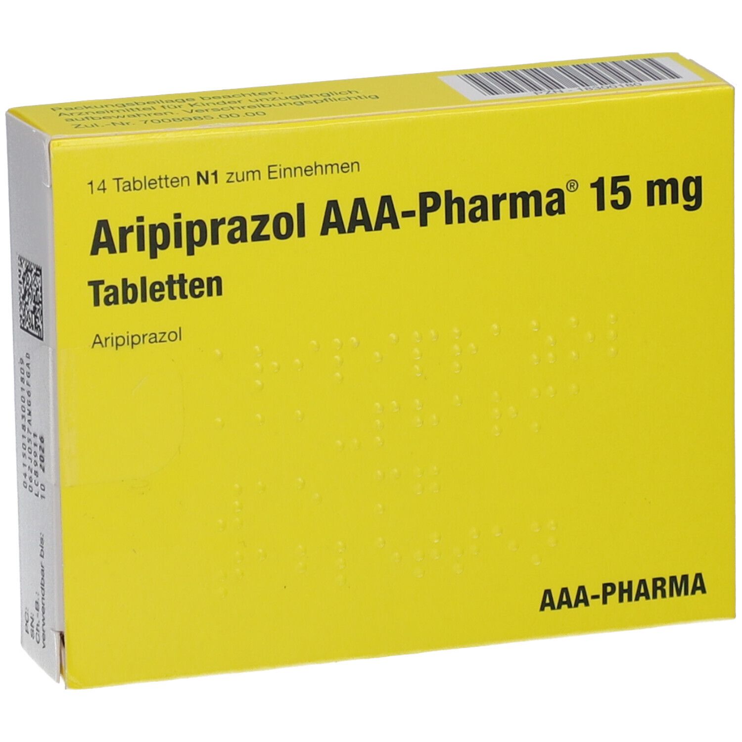 Gelbe Schachtel mit 'Aripiprazol AAA-Pharma 15 mg Tabletten'. 14 Tabletten. AAA-Pharma Logo.