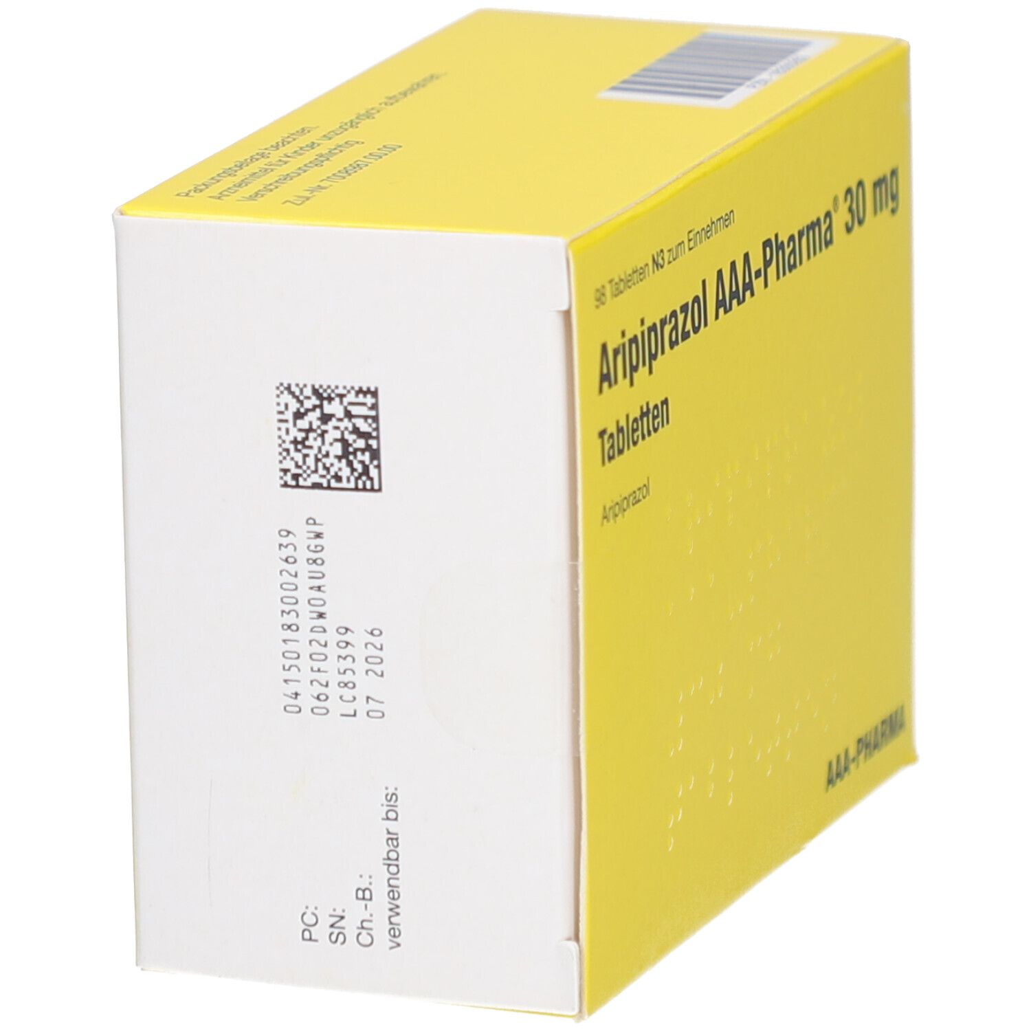 Gelbe Tabletten-Verpackung. Seitenansicht mit Barcode und Chargennummer. Beschriftung: Aripiprazol AAA-Pharma 30 mg Tabletten.