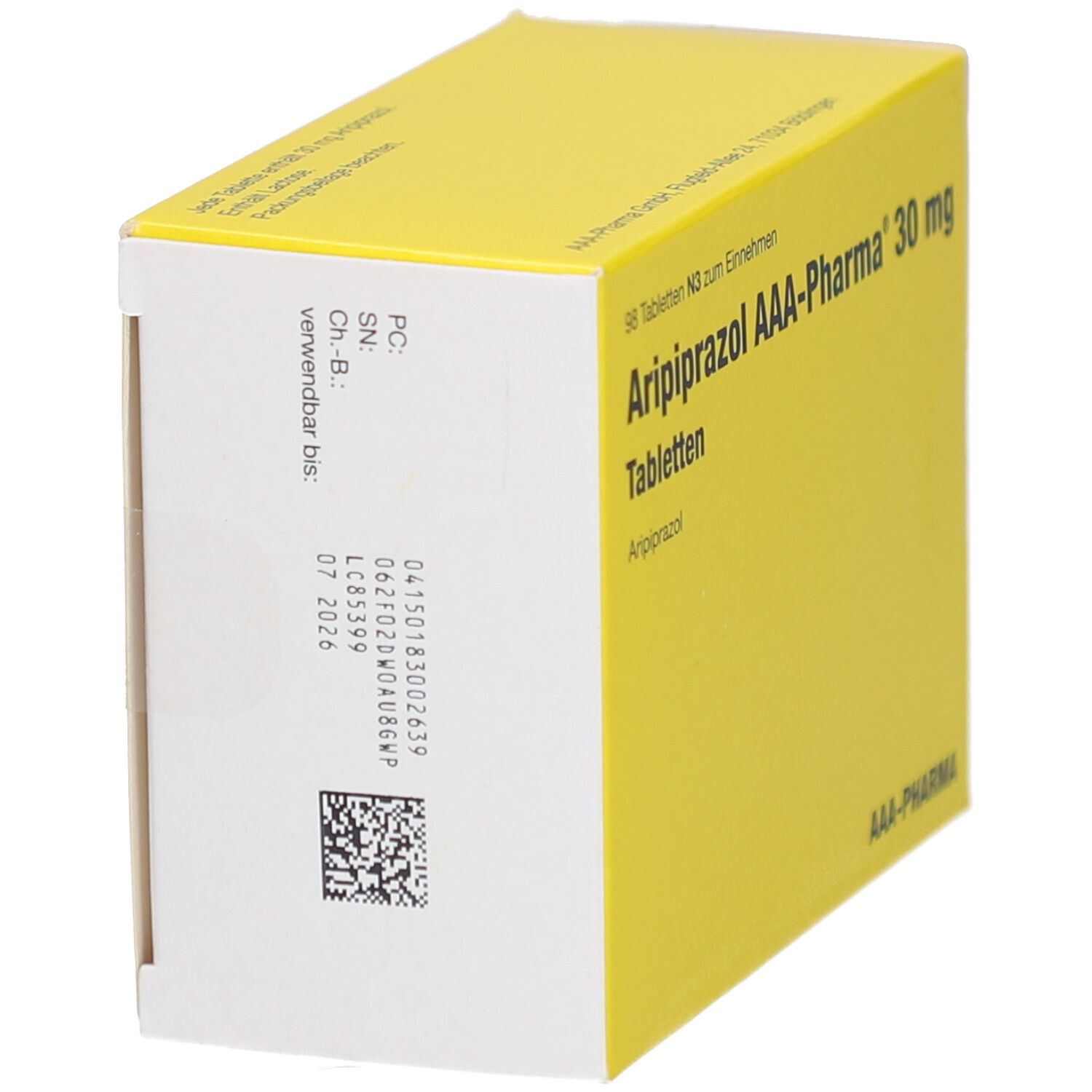 Gelbe Tabletten-Verpackung. Seitenansicht mit Barcode und Chargennummer. Beschriftung: Aripiprazol AAA-Pharma 30 mg Tabletten.