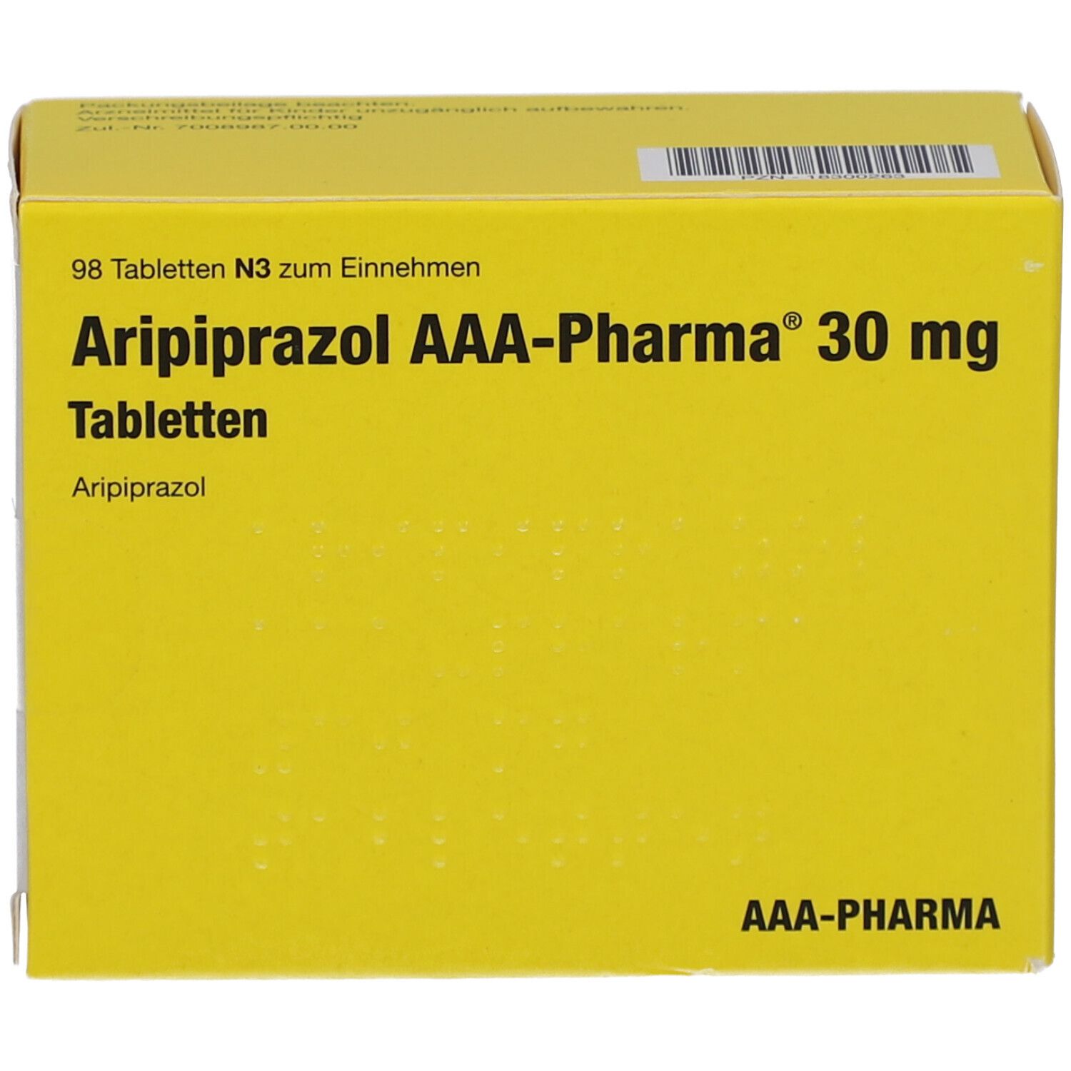 Gelbe Schachtel mit Aufschrift: Aripiprazol AAA-Pharma 30 mg Tabletten. 98 Tabletten. AAA-Pharma Logo.