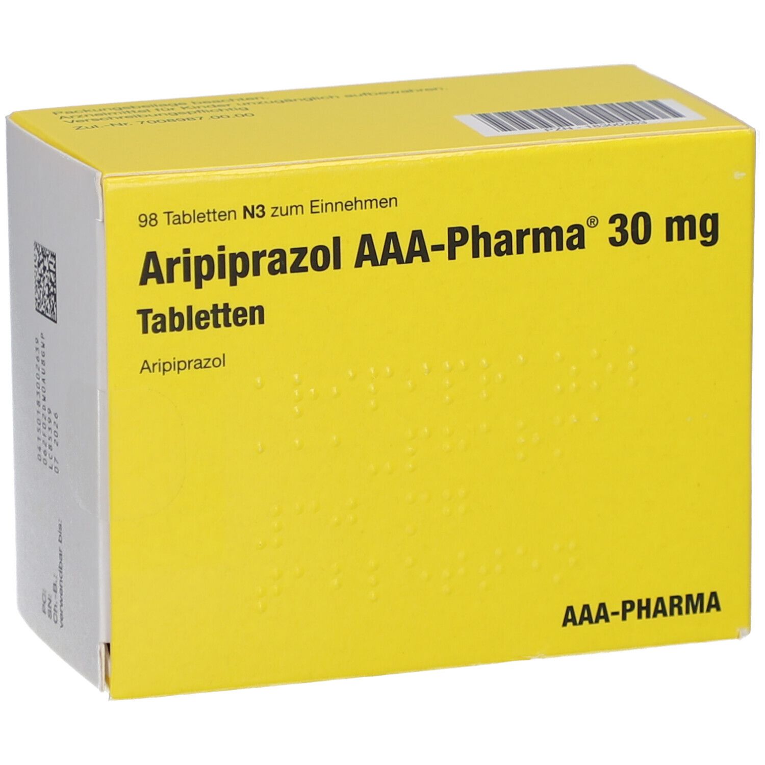 Gelbe Tabletten-Verpackung. Beschriftung: Aripiprazol AAA-Pharma 30 mg Tabletten. Enthält 98 Tabletten. AAA-Pharma Logo.