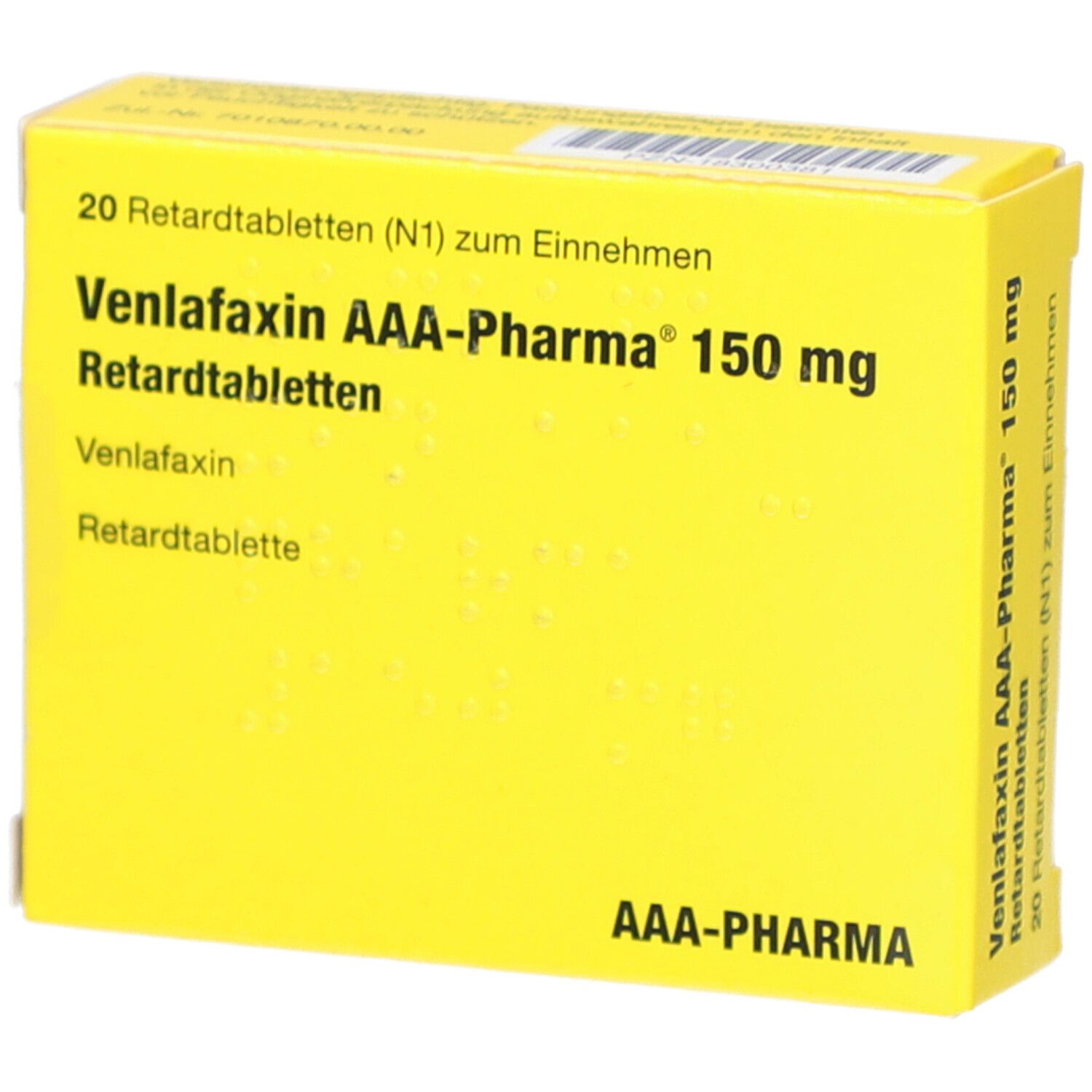 Gelbe Schachtel mit Aufschrift: Venlafaxin AAA-Pharma 150 mg Retardtabletten. AAA-Pharma Logo.