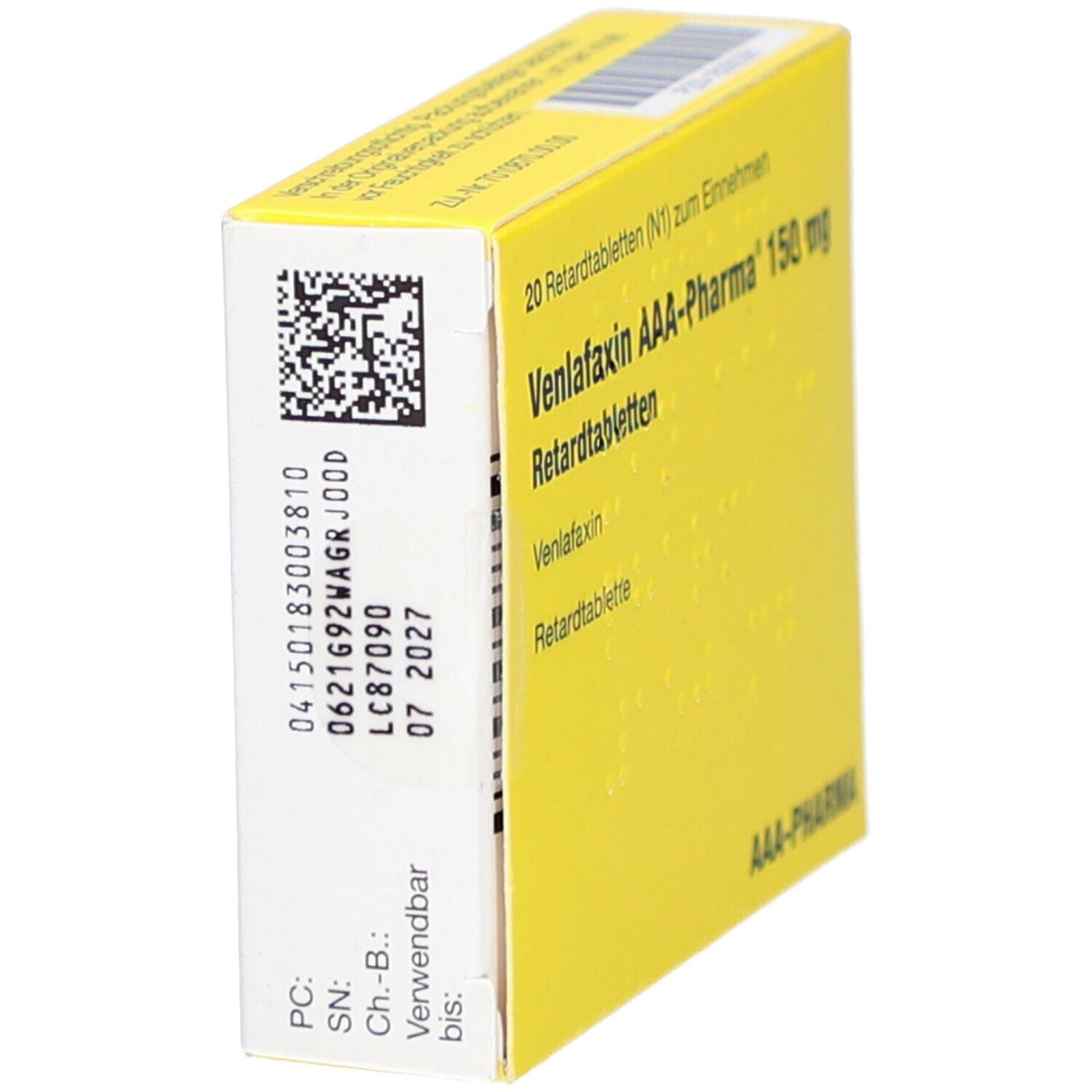 Gelbe Schachtel, Seitenansicht. Barcode, Chargennummer, Verfallsdatum. Aufschrift: Venlafaxin AAA-Pharma 150 mg Retardtabletten.