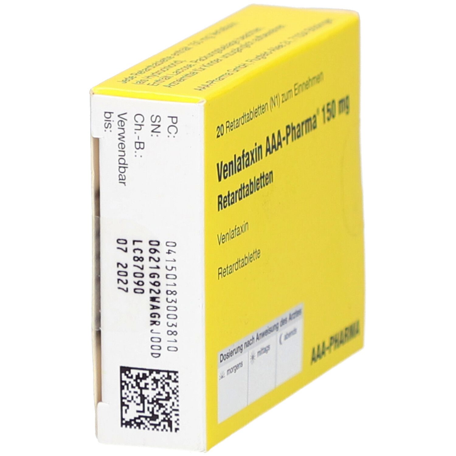 Gelbe Schachtel, Seitenansicht. Barcode, Chargennummer, Verfallsdatum. Aufschrift: Venlafaxin AAA-Pharma 150 mg Retardtabletten.