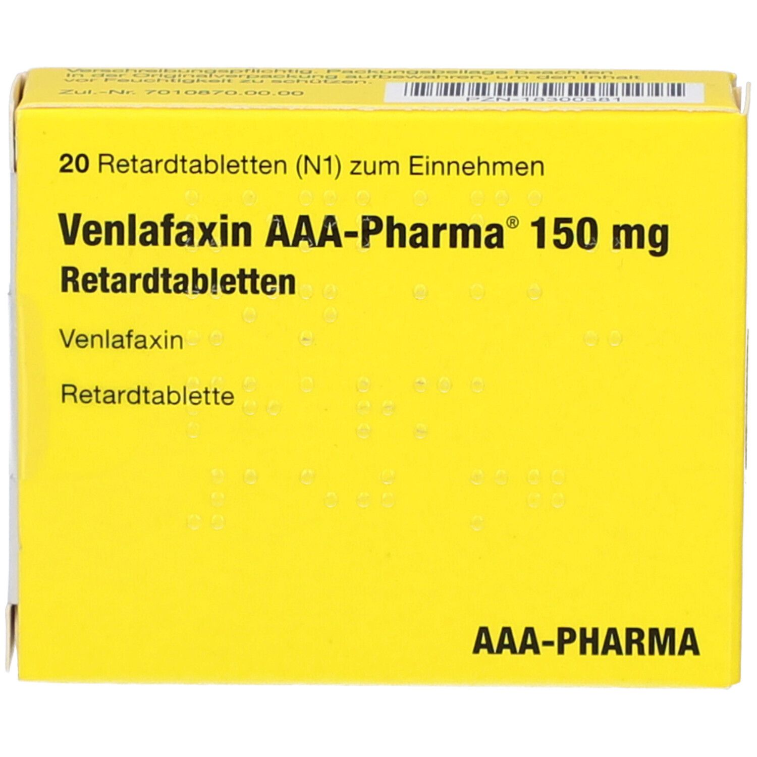 Gelbe Schachtel mit Aufschrift: Venlafaxin AAA-Pharma 150 mg Retardtabletten. AAA-Pharma Logo.
