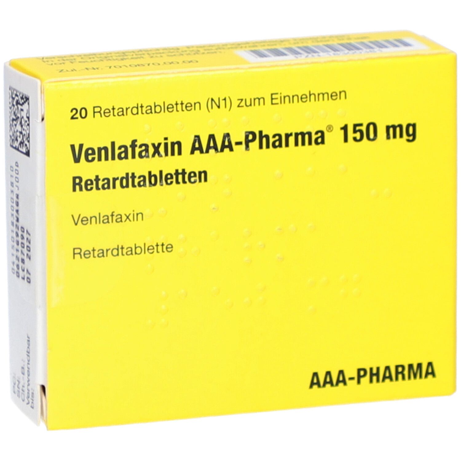 Gelbe Schachtel mit Aufschrift: Venlafaxin AAA-Pharma 150 mg Retardtabletten. AAA-Pharma Logo.