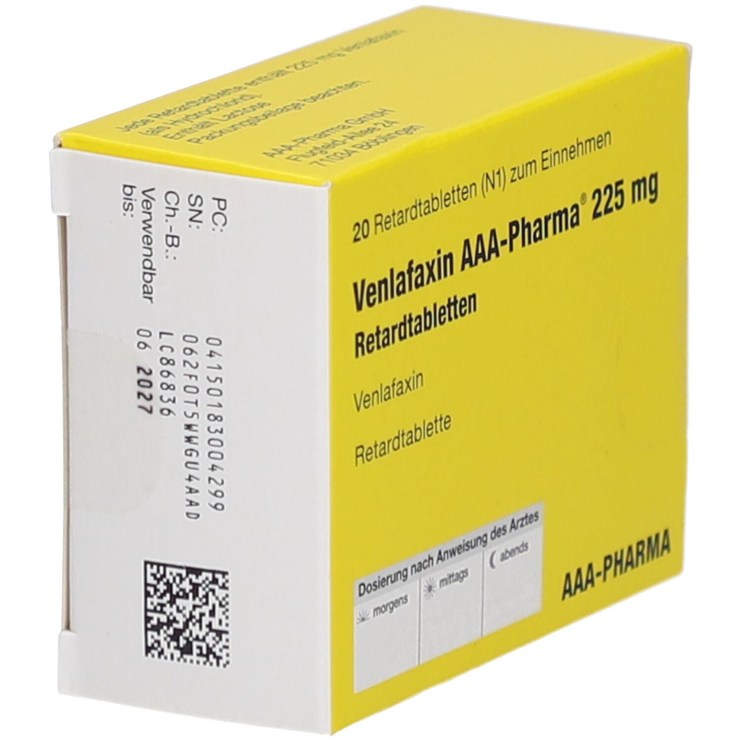 Gelbe Schachtel, Seitenansicht. Aufschrift "Venlafaxin AAA-Pharma 225 mg Retardtabletten". QR-Code und Verfallsdatum 06 2027.