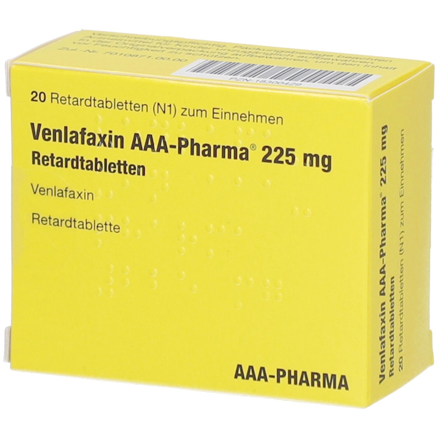 Gelbe Schachtel mit "Venlafaxin AAA-Pharma 225 mg Retardtabletten". 20 Tabletten. Aufschrift "AAA-Pharma".